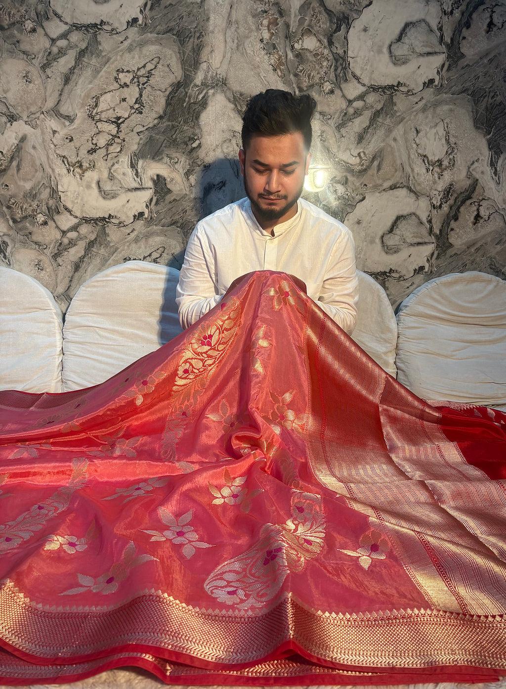 PREMIUM PEACH WITH RED SHADE BANARASI PAPER SILK SAREE WITH BEAUTIFUL DESIGN WEAVE