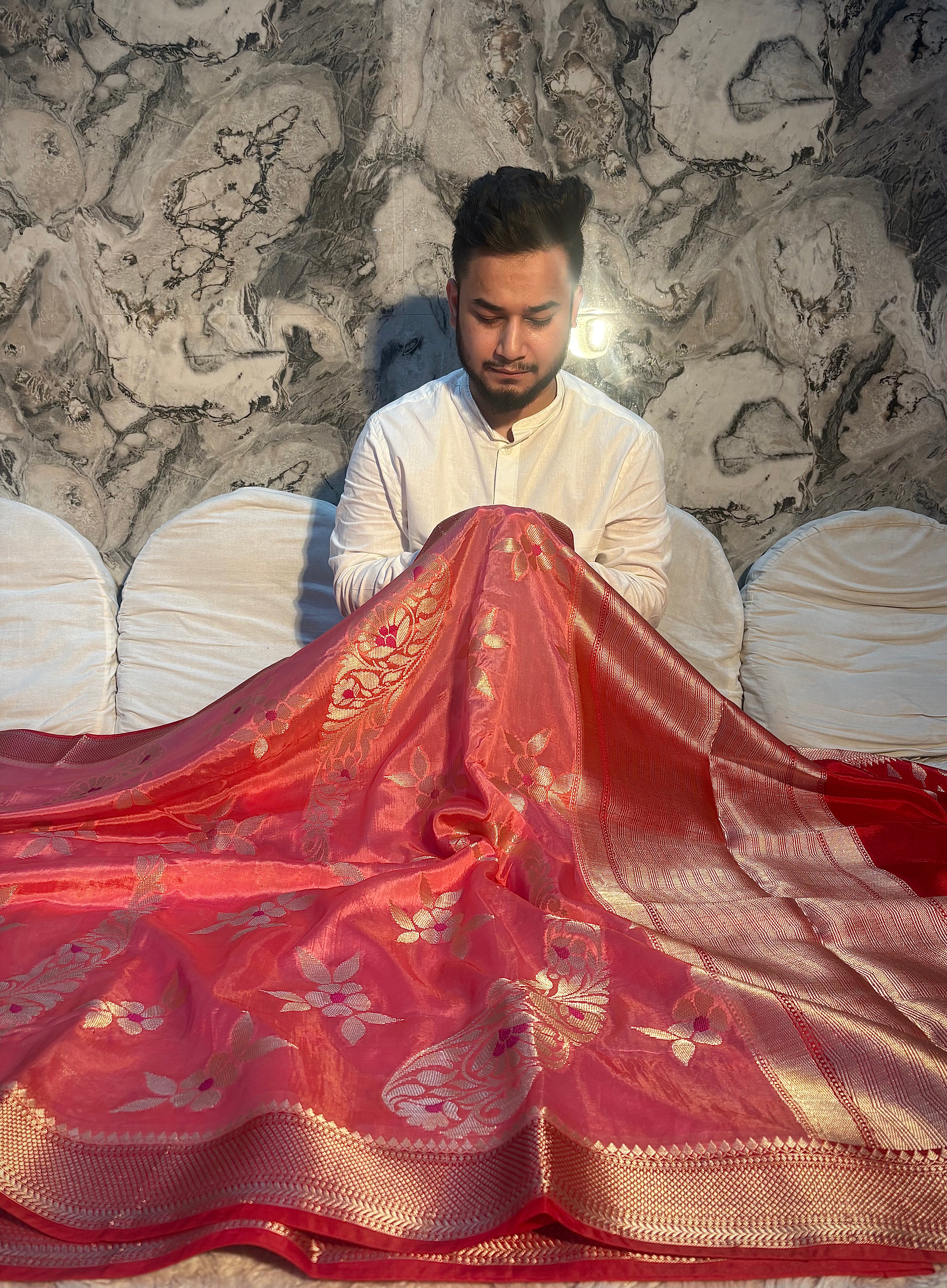 PREMIUM PEACH WITH RED SHADE BANARASI PAPER SILK SAREE WITH BEAUTIFUL DESIGN WEAVE