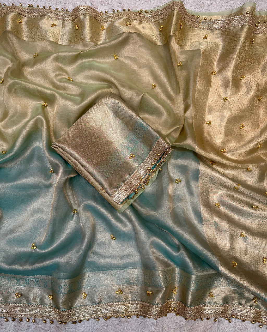 PREMIUM LIGHT PISTA & SKY BLUE SOFT BANARASI TISSUE SILK GHUNGROO WORKS SAREE