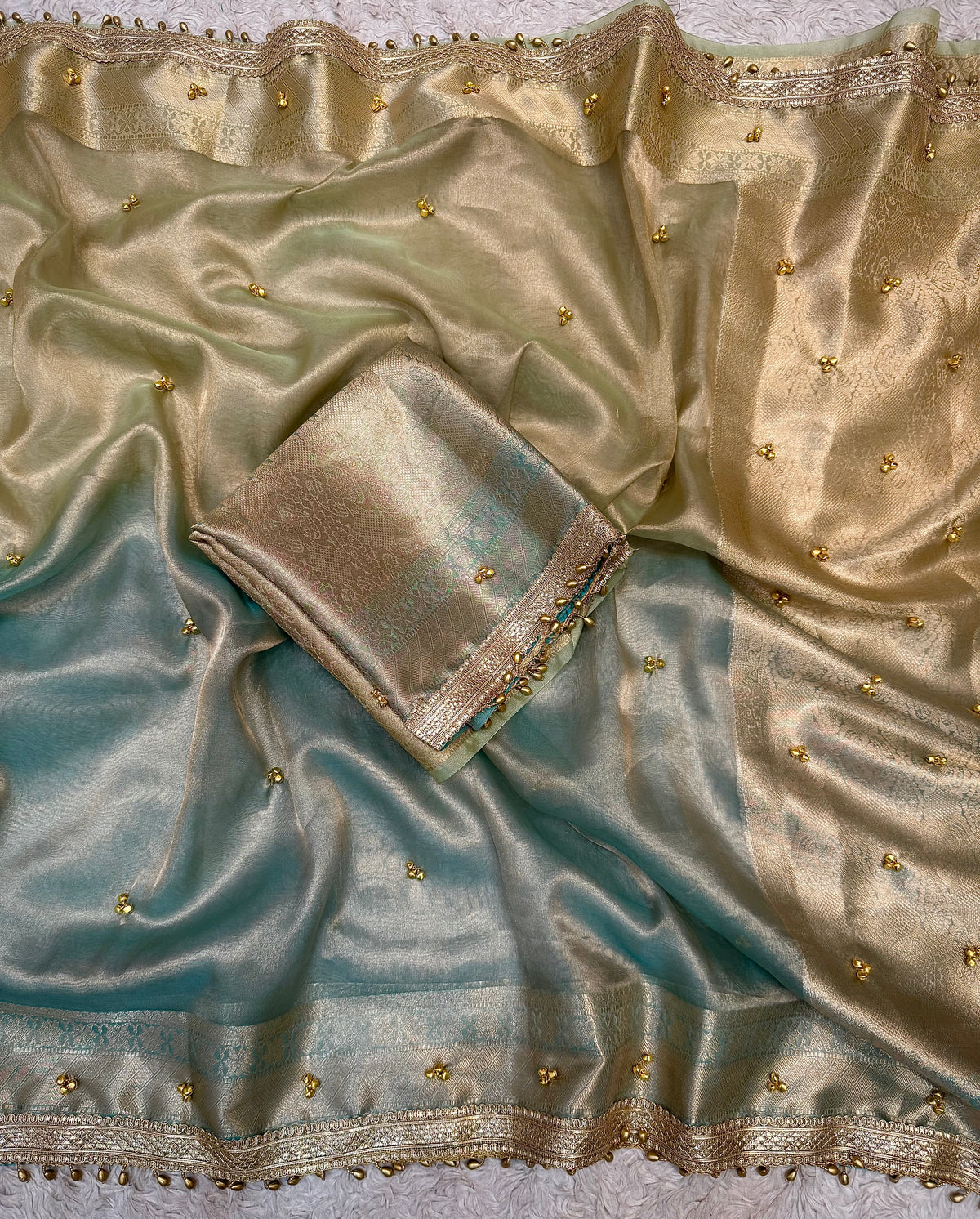 PREMIUM LIGHT PISTA & SKY BLUE SOFT BANARASI TISSUE SILK GHUNGROO WORKS SAREE