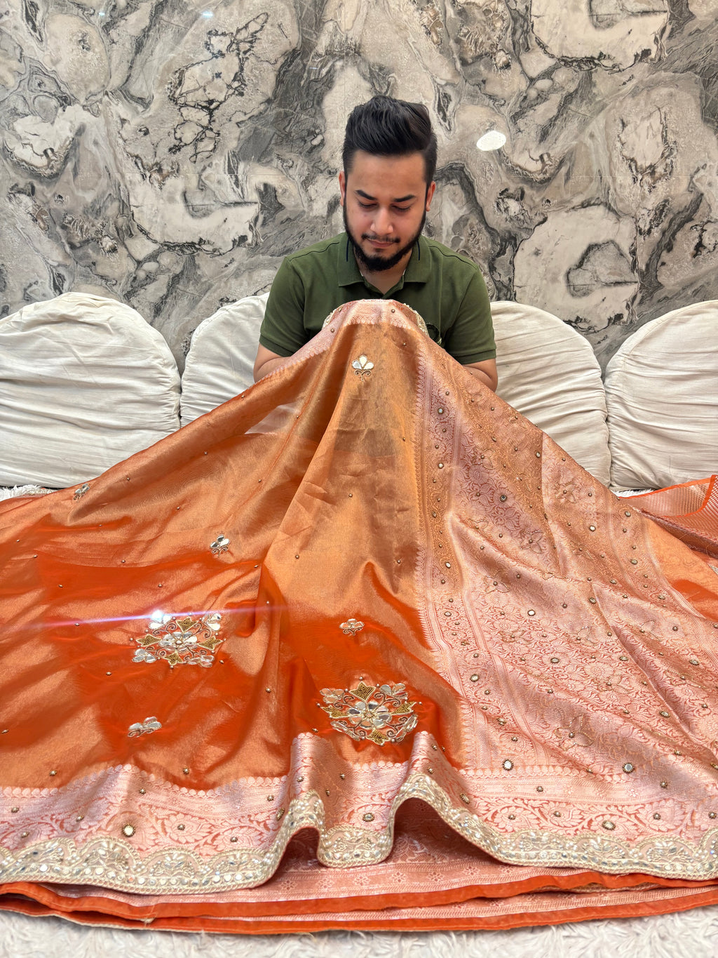 LUXURIOUS ORANGE SHADE SOFT TISSUE SILK SAREE WITH PREMIUM ZARDOZI MIRROR WORK AND LACE ATTACHED