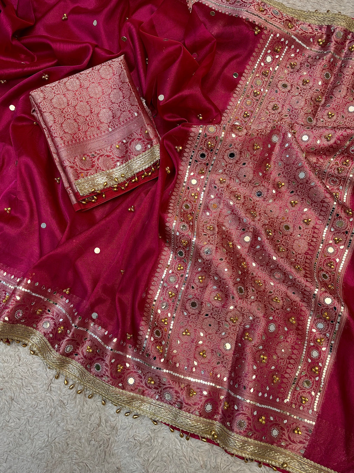 PREMIUM HOT RANI SHADE SOFT BANARASI TISSUE SILK GHUNGROO WORK WITH MIRROR WORK DESIGNER SAREE
