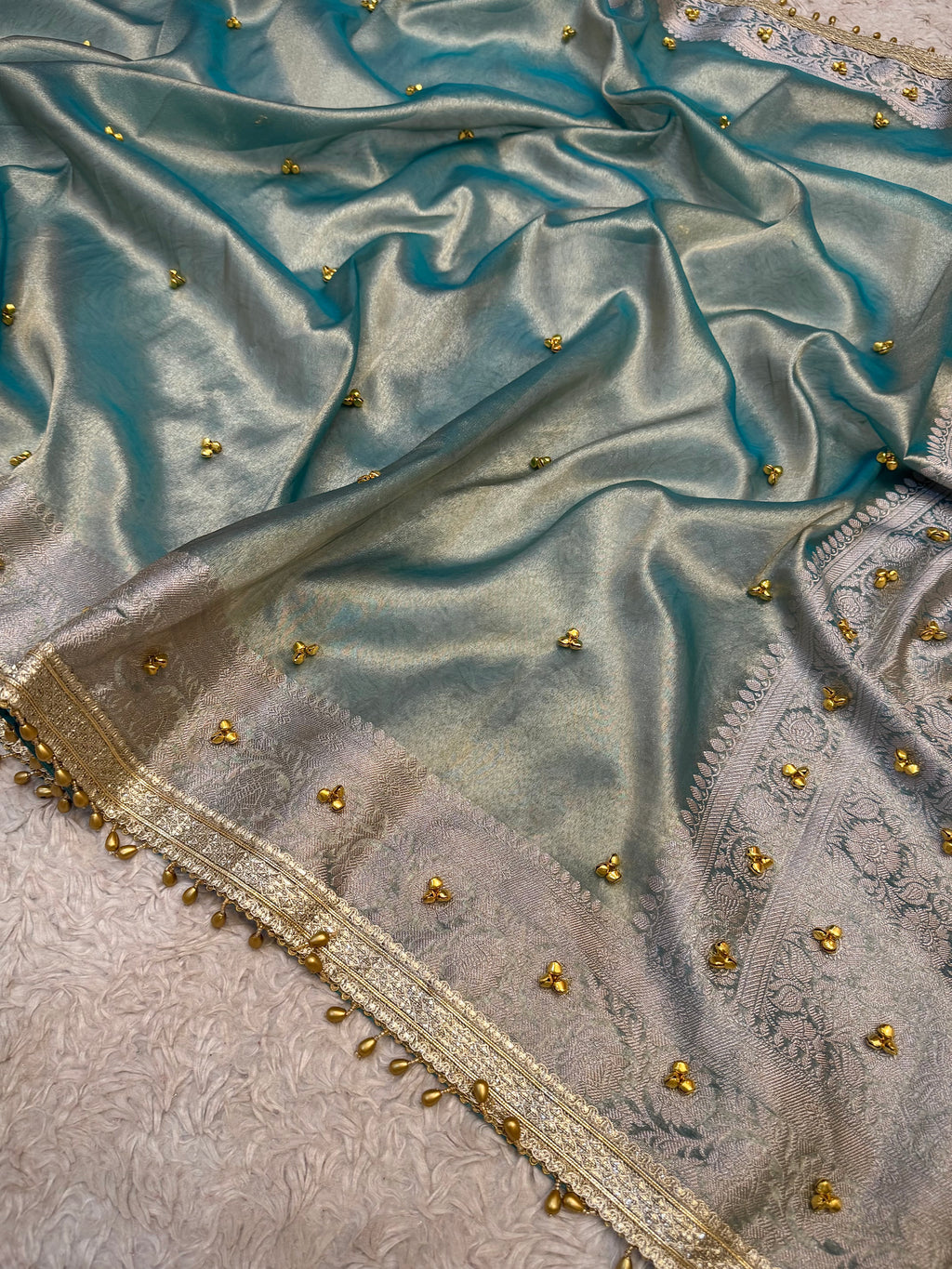 PREMIUM AQUA BLUE SHADE GHUNGROO WORK SOFT BANARASI TISSUE SILK DESIGNER SAREE