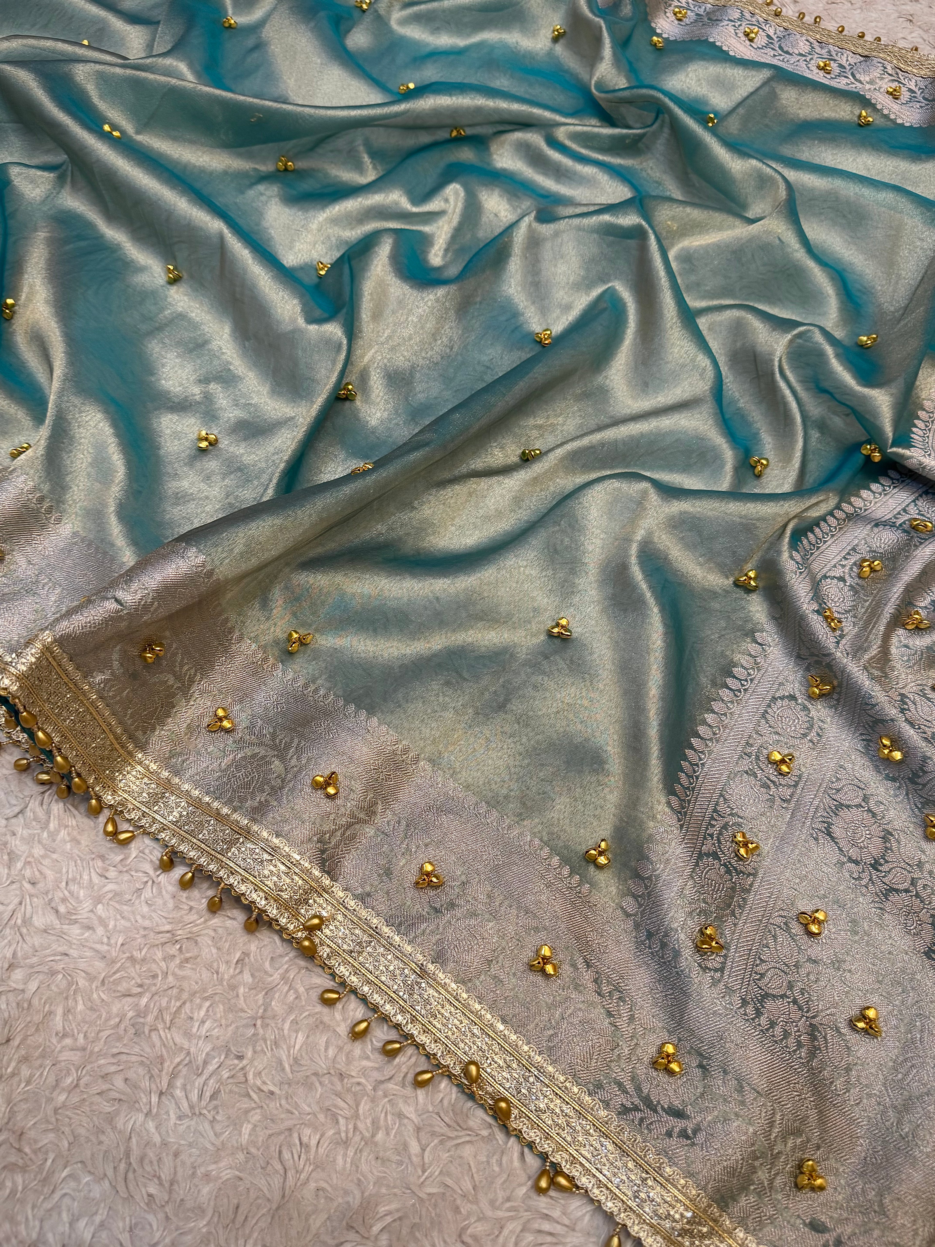 PREMIUM AQUA BLUE SHADE GHUNGROO WORK SOFT BANARASI TISSUE SILK DESIGNER SAREE