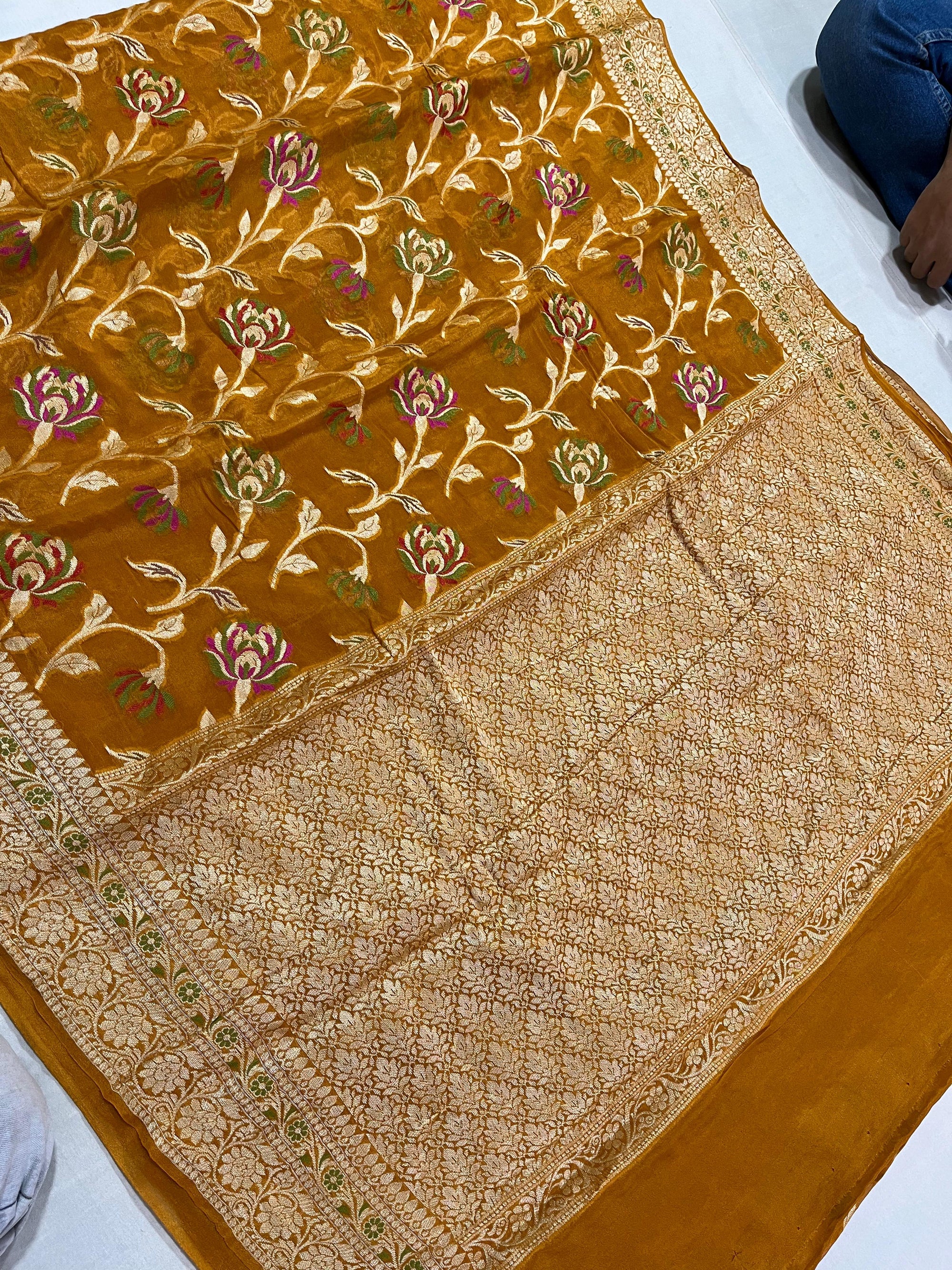 PREMIUM MUSTARD SHADE PURE KHADDI GEORGETTE SILK SAREE WITH BEAUTIFUL HAND-BRUSH