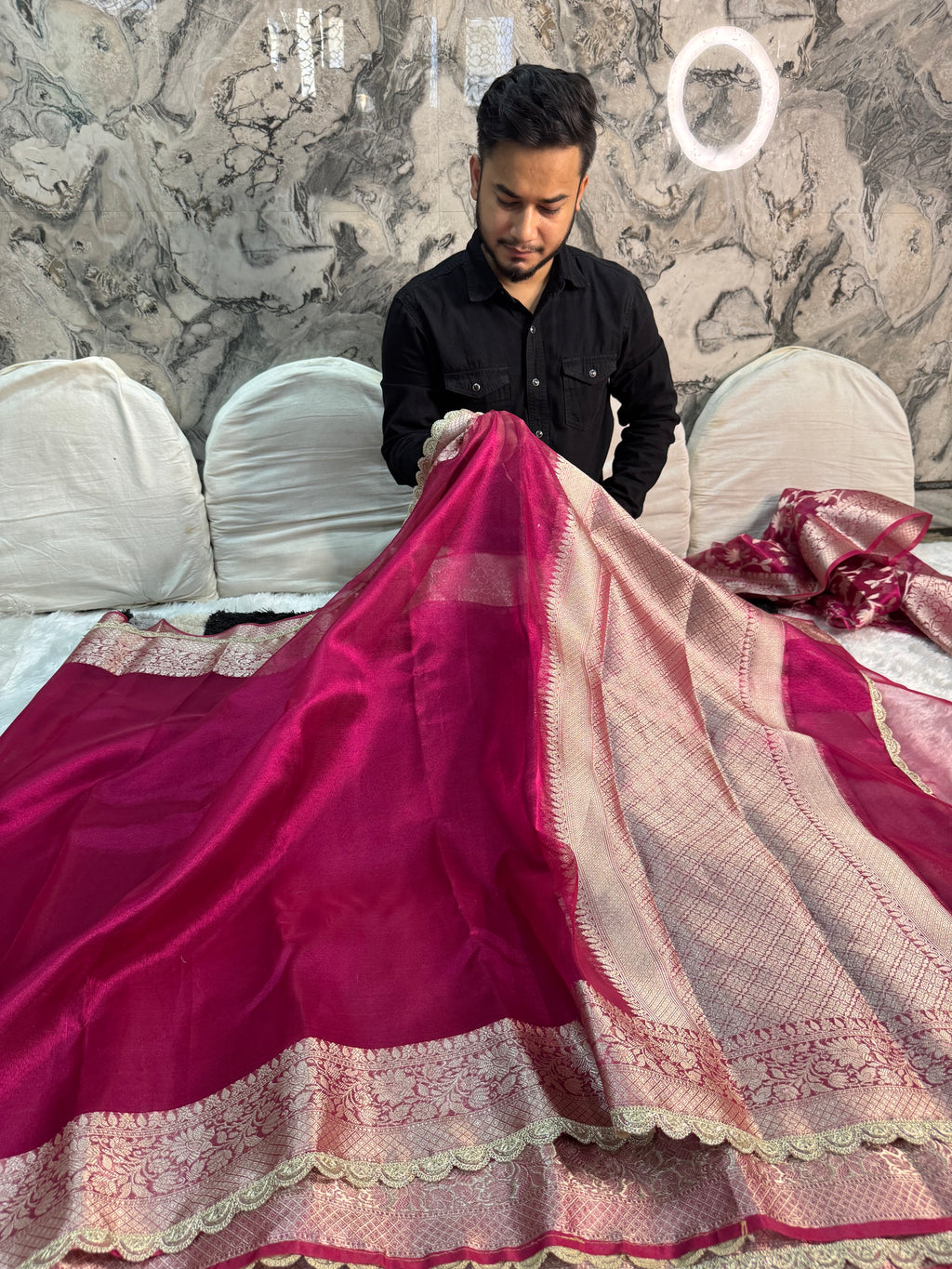 RANI PINK SHADE SOFT TISSUE SILK SAREE WITH LACE ATTACHED
