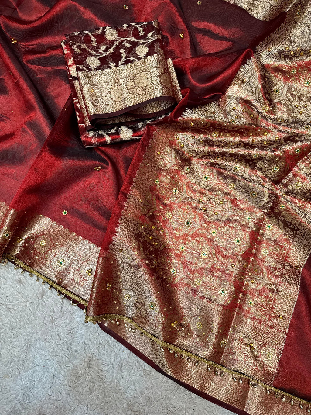 PREMIUM MAROON SHADE GHUNGROO WORK SOFT BANARASI TISSUE SILK DESIGNER SAREE