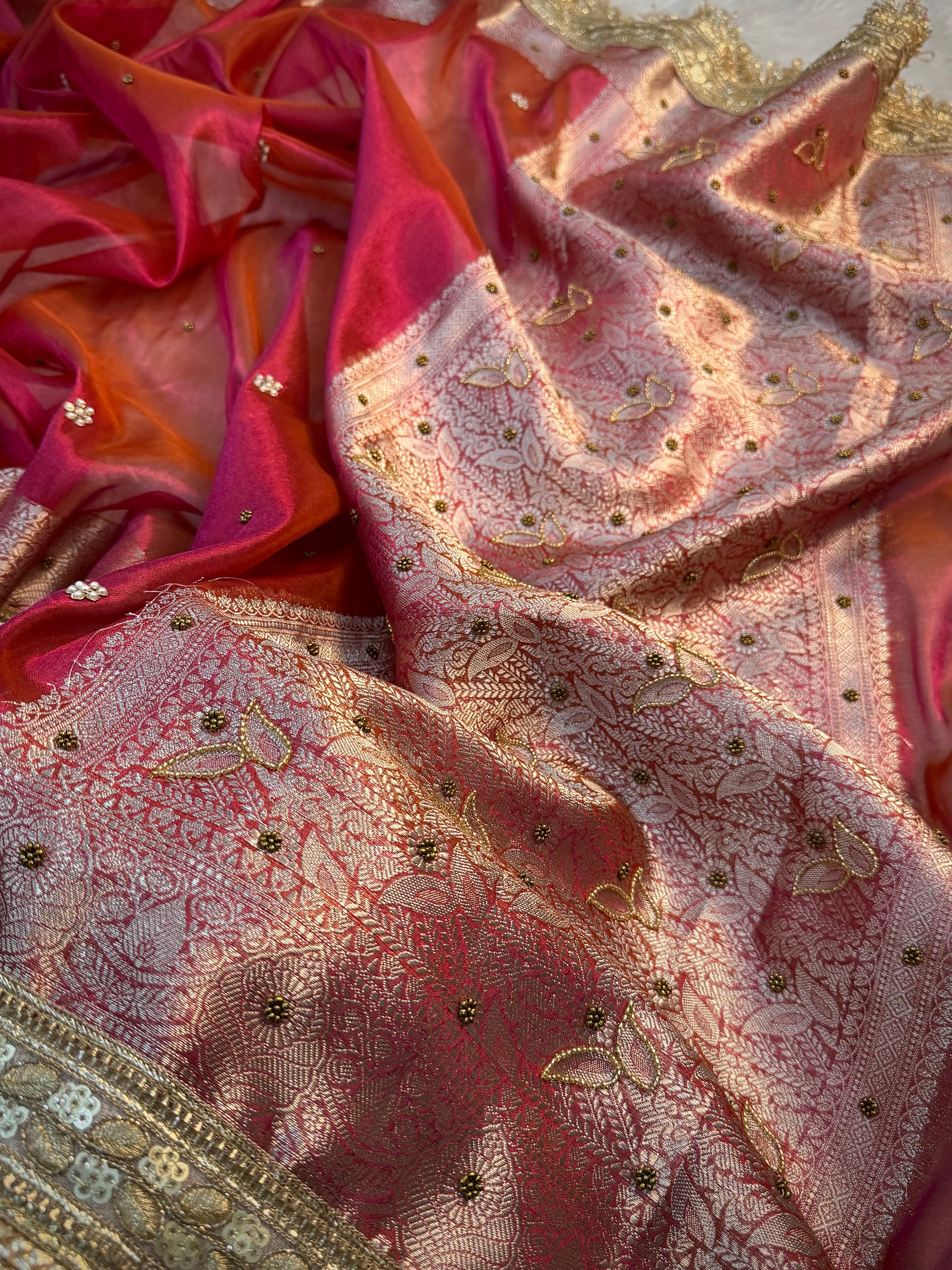 LUXURIOUS ORANGE PINK SHADE SOFT TISSUE SILK WITH PREMIUM HAND EMBROIDERY AND LACE WORK