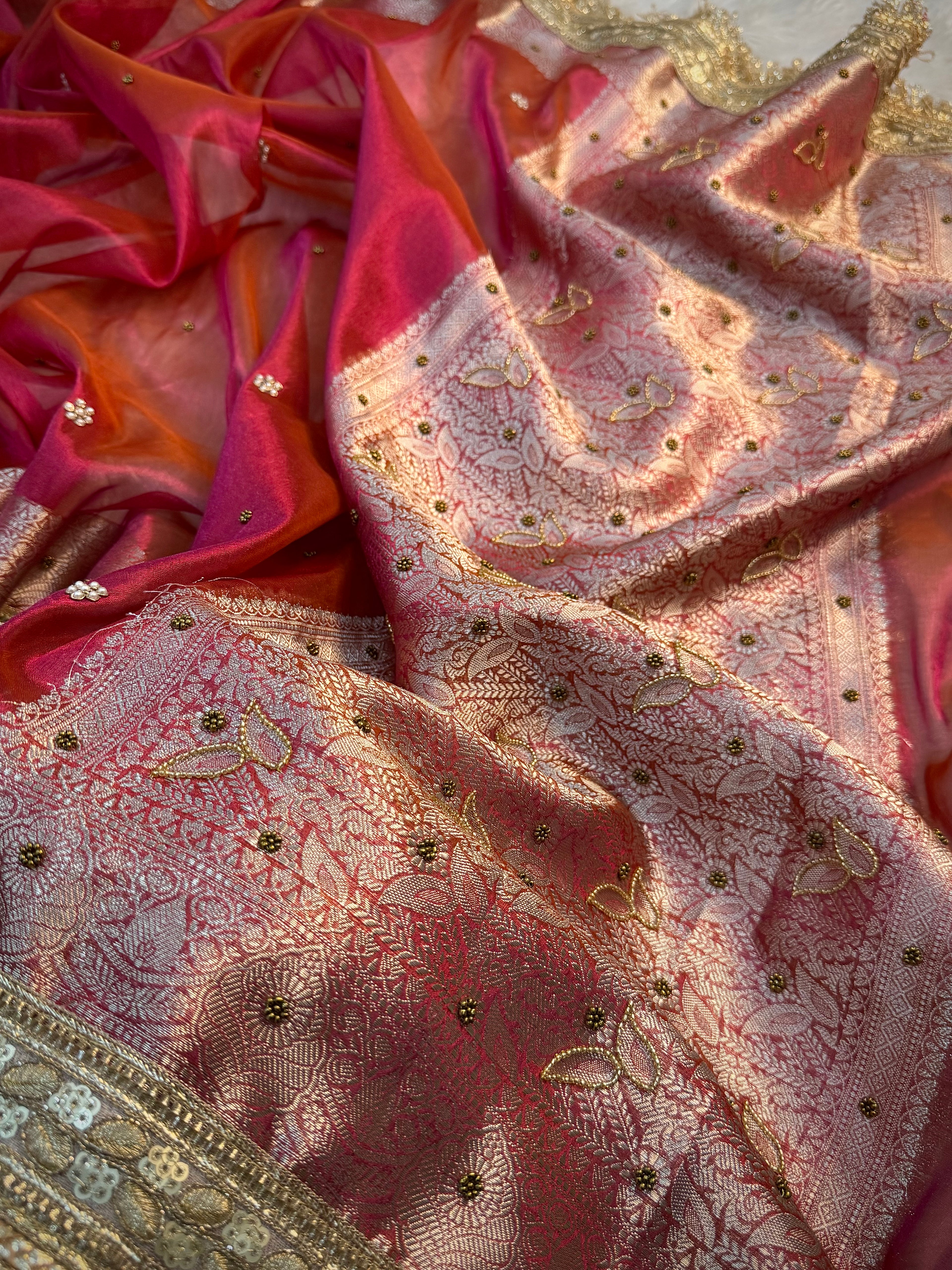 LUXURIOUS ORANGE PINK SHADE SOFT TISSUE SILK WITH PREMIUM HAND EMBROIDERY AND LACE WORK