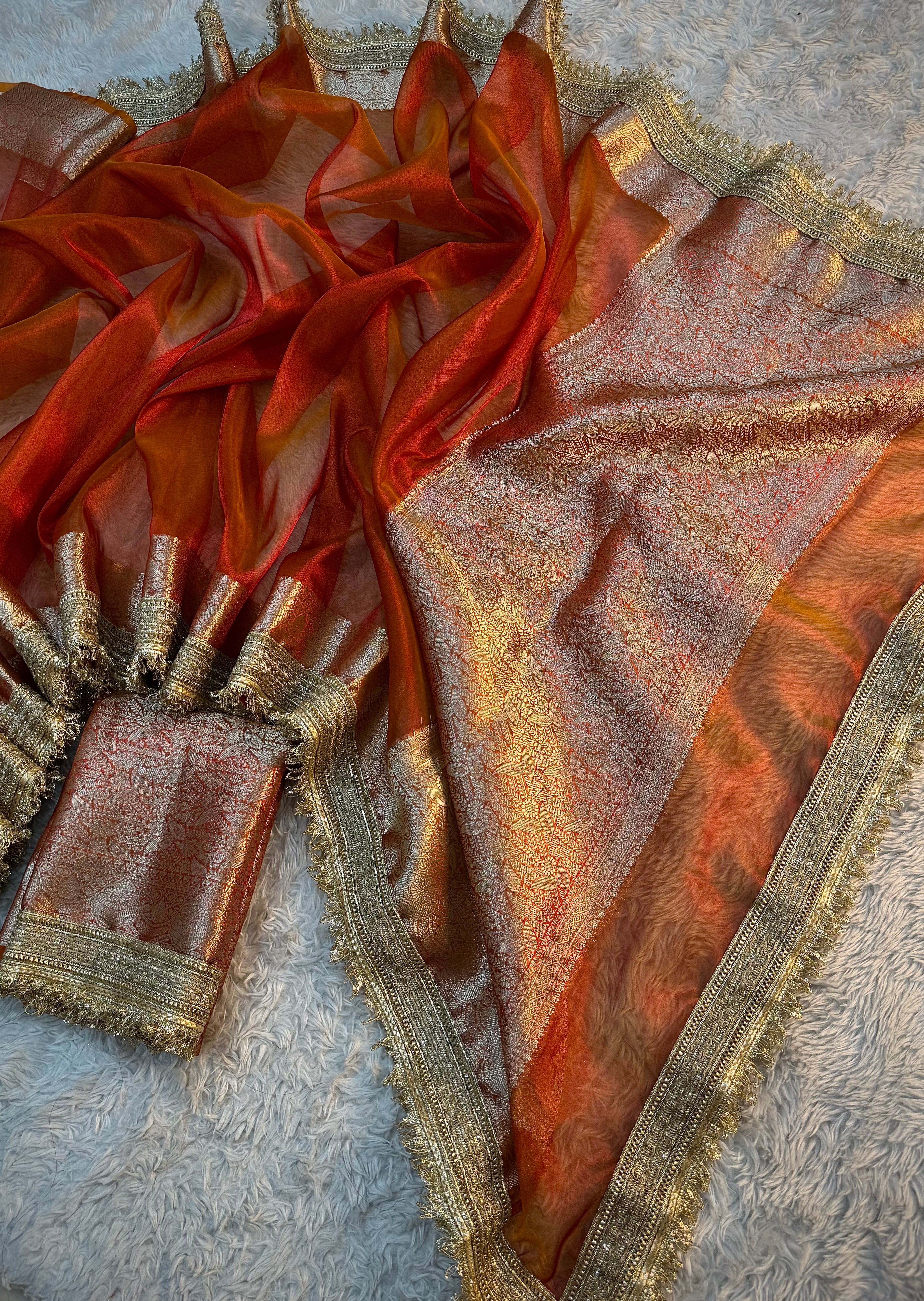 PREMIUM RUST SHADE SOFT TISSUE SILK SAREE WITH LACE ATTACHED