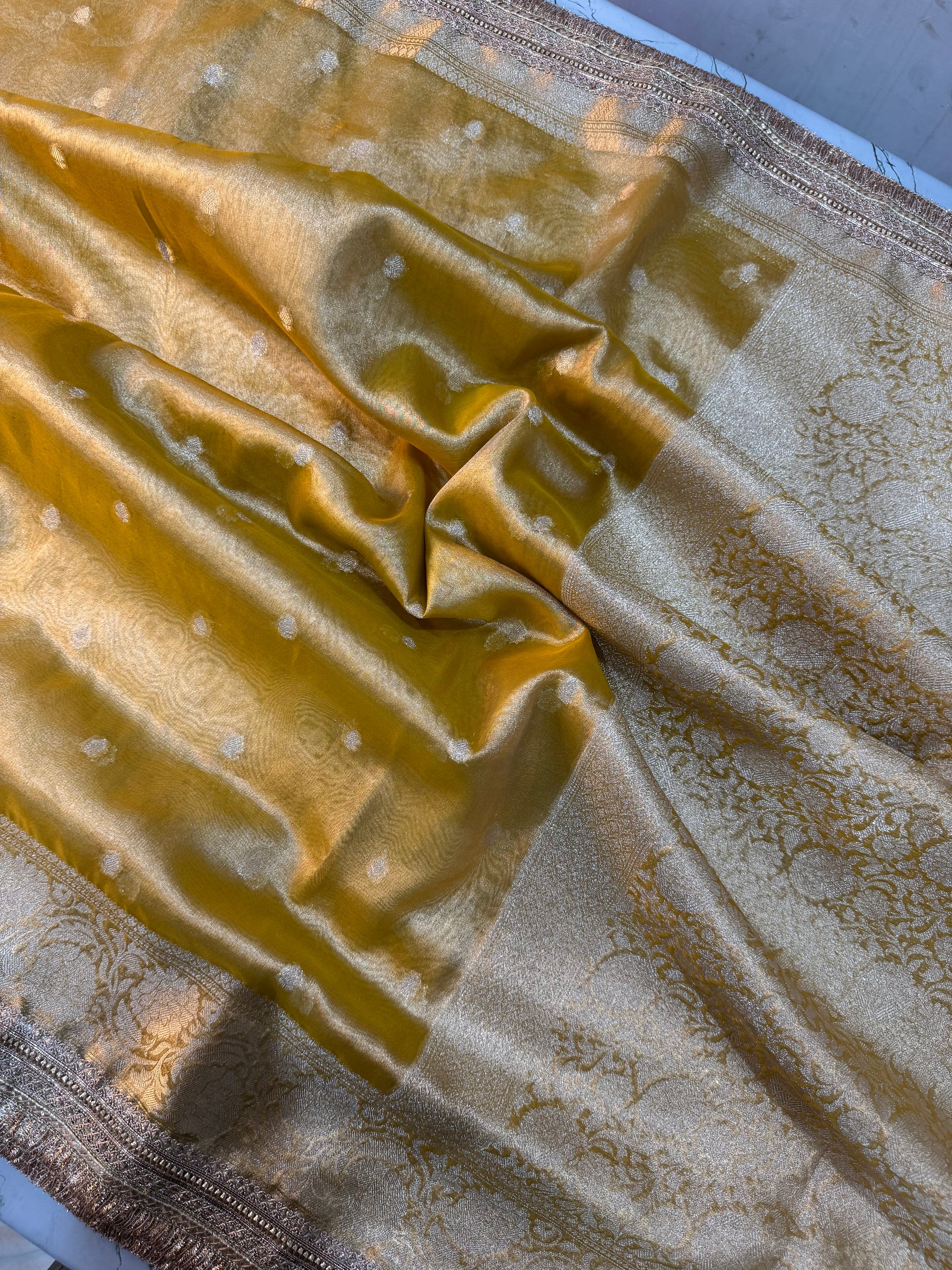LUXURIOUS YELLOW SHADE DESIGNER TISSUE SILK BOOTI SAREE