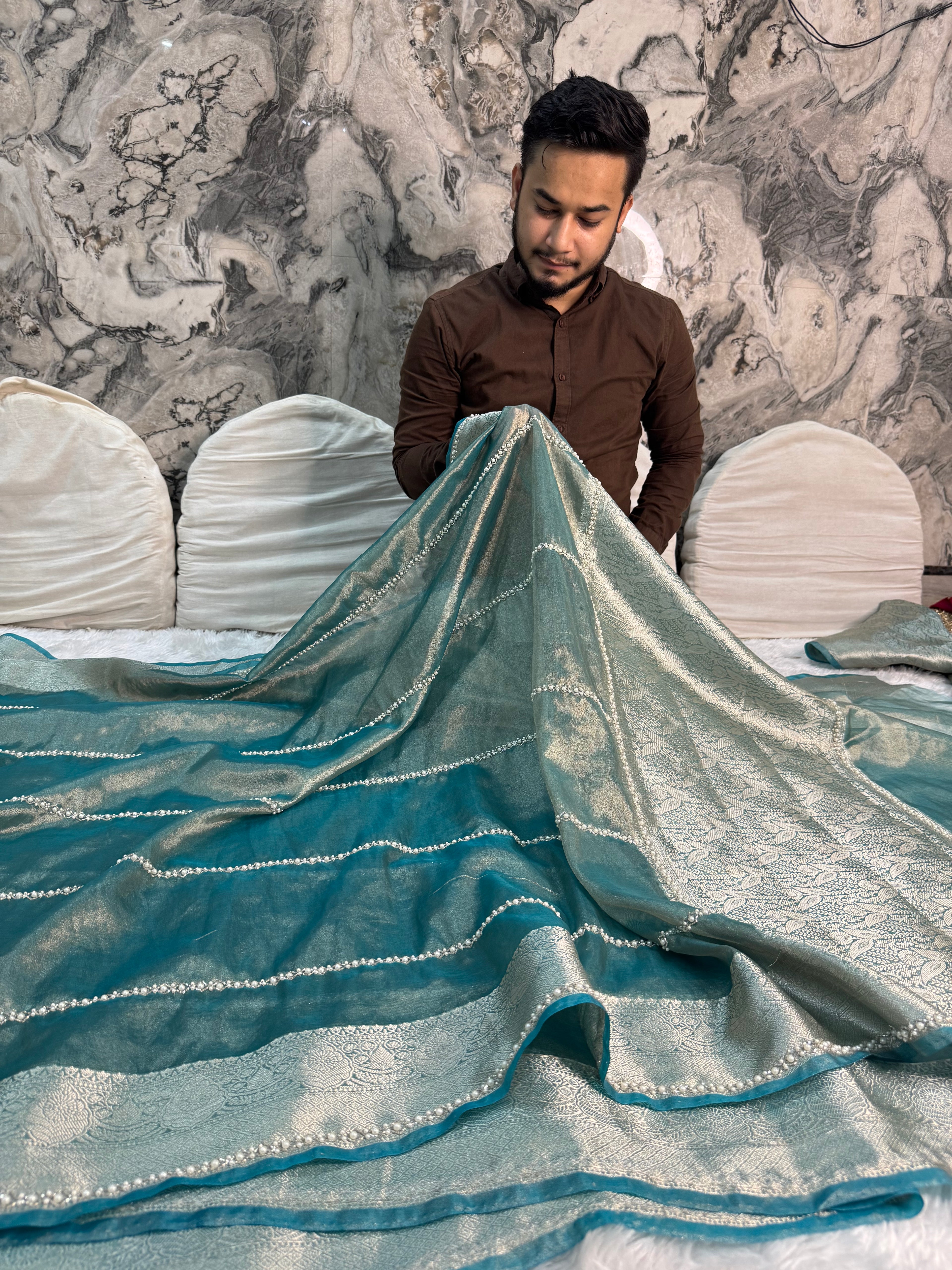 LUXURIOUS AQUA BLUE SHADE SOFT TISSUE SILK WITH PREMIUM ZARDOZI AND LACE WORK