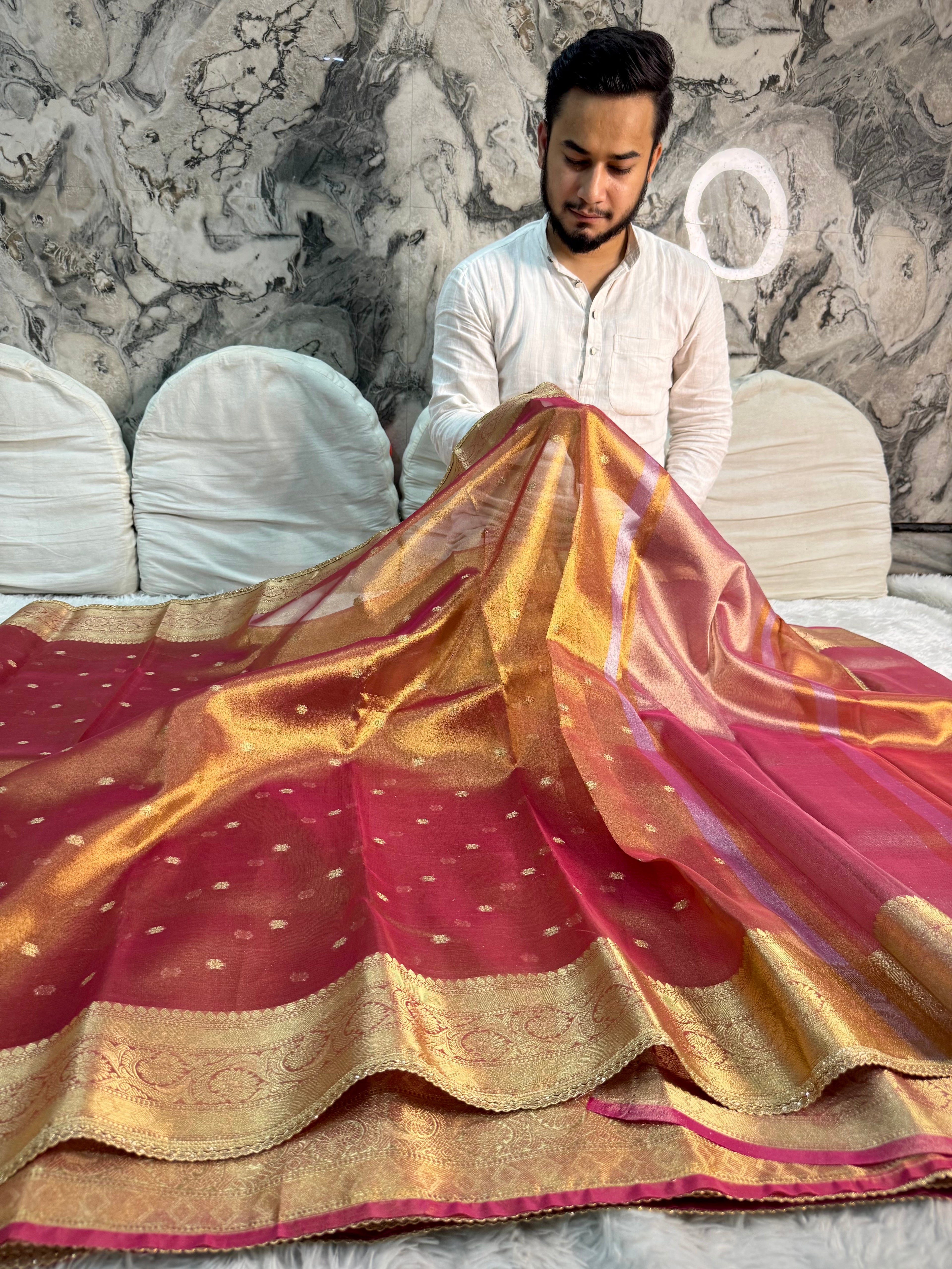 PREMIUM PINK RUST DESIGNER TISSUE SILK BOOTI SAREE WITH LACE ATTACHED