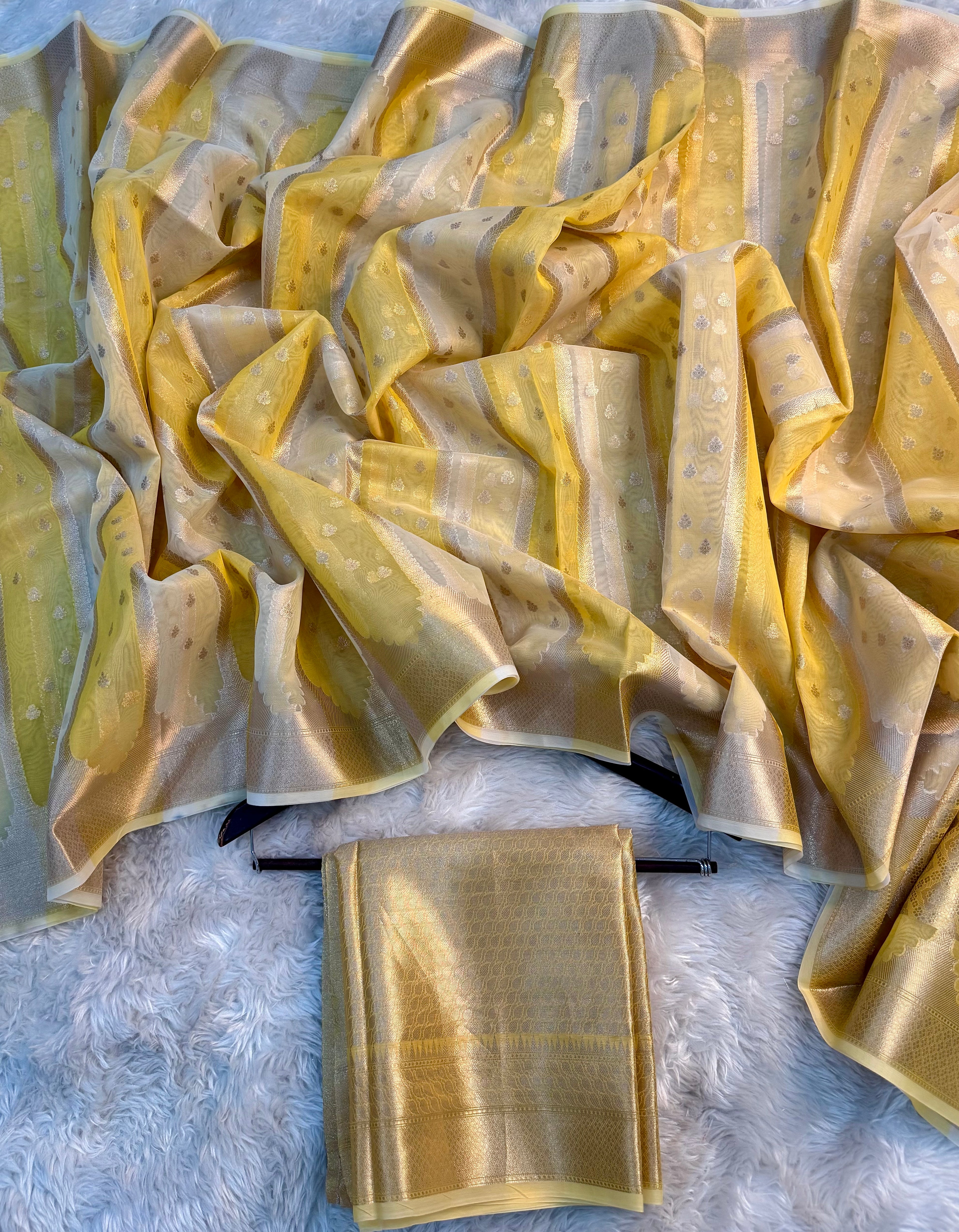 PREMIUM YELLOW SHADE KORA ORGANZA SILK SAREE