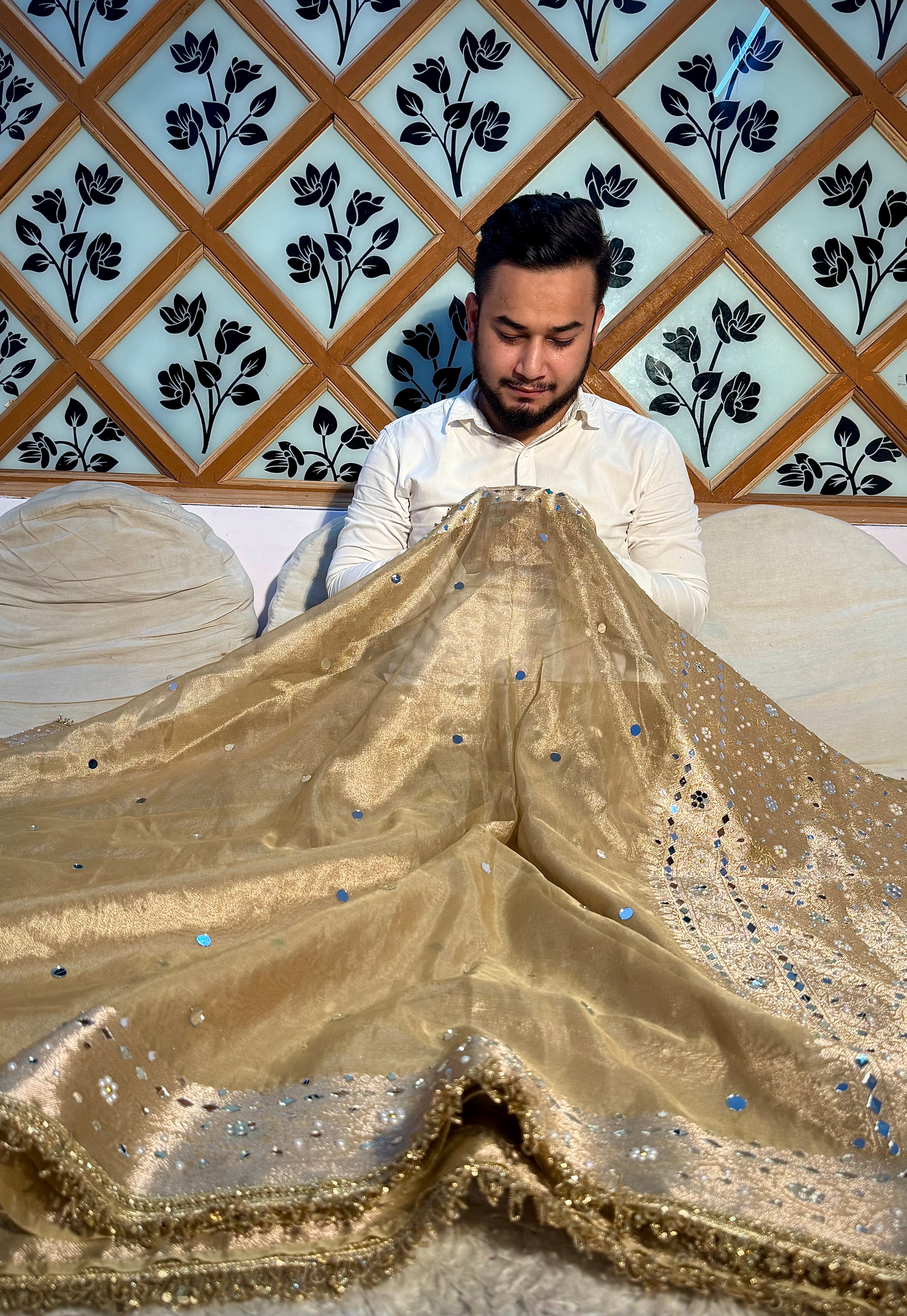 EXCLUSIVE CHAMPAGNE GOLD SHADE SOFT TISSUE SILK MIRROR WORK DESIGNER SAREE