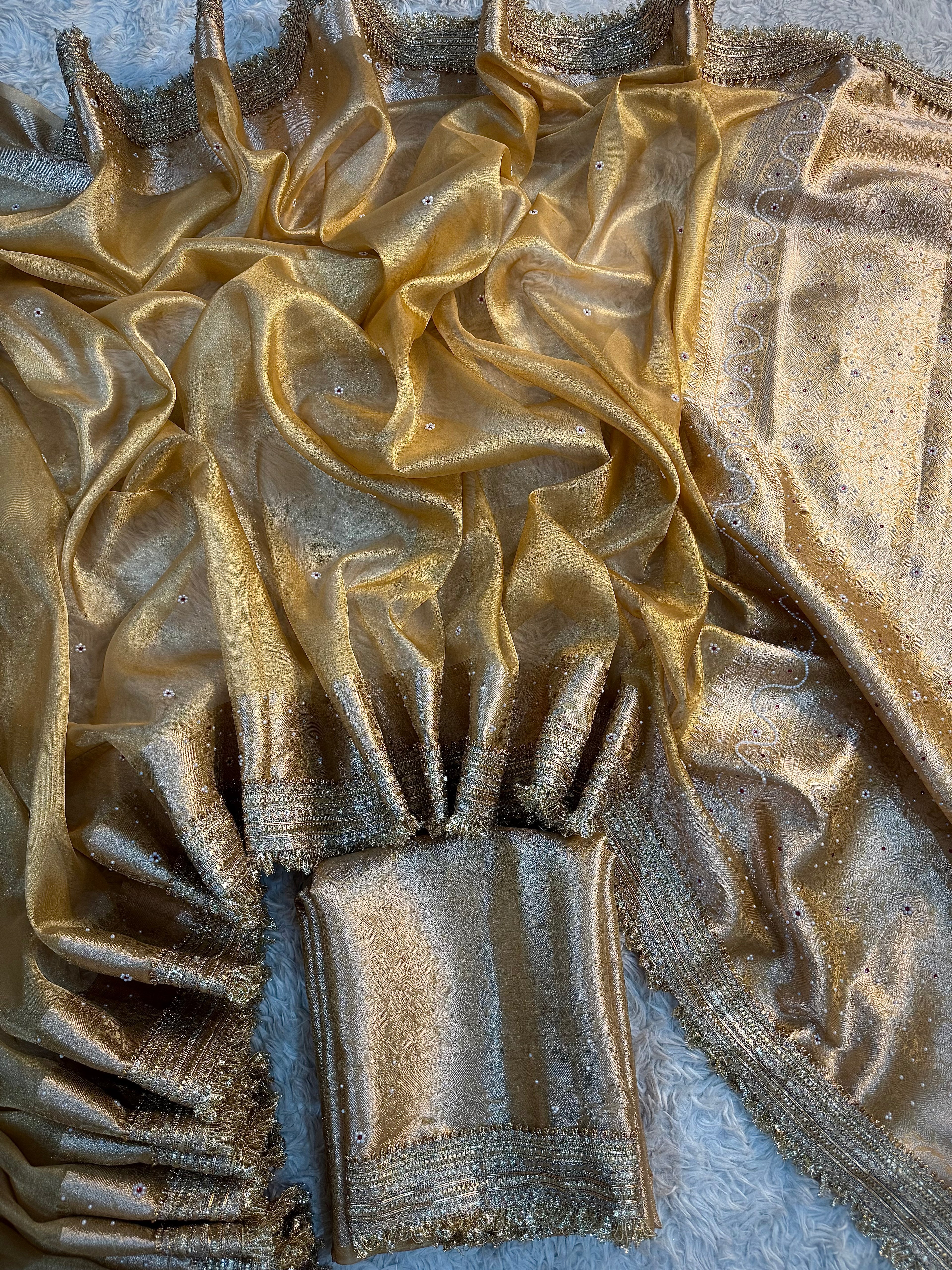 PREMIUM LIGHT GOLDEN SHADE SOFT TISSUE SILK SAREE DESIGNER HAND STONE WORK WITH LACE ATTACHED