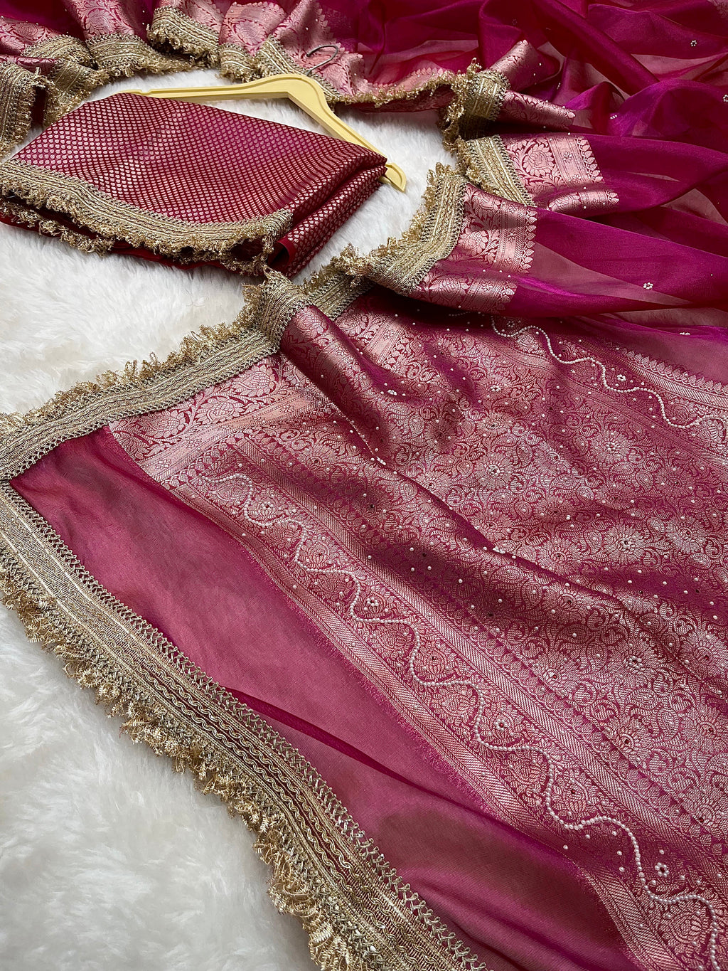PREMIUM HOT PINK SHADE SOFT TISSUE SILK SAREE DESIGNER HAND STONE WORK WITH LACE ATTACHED