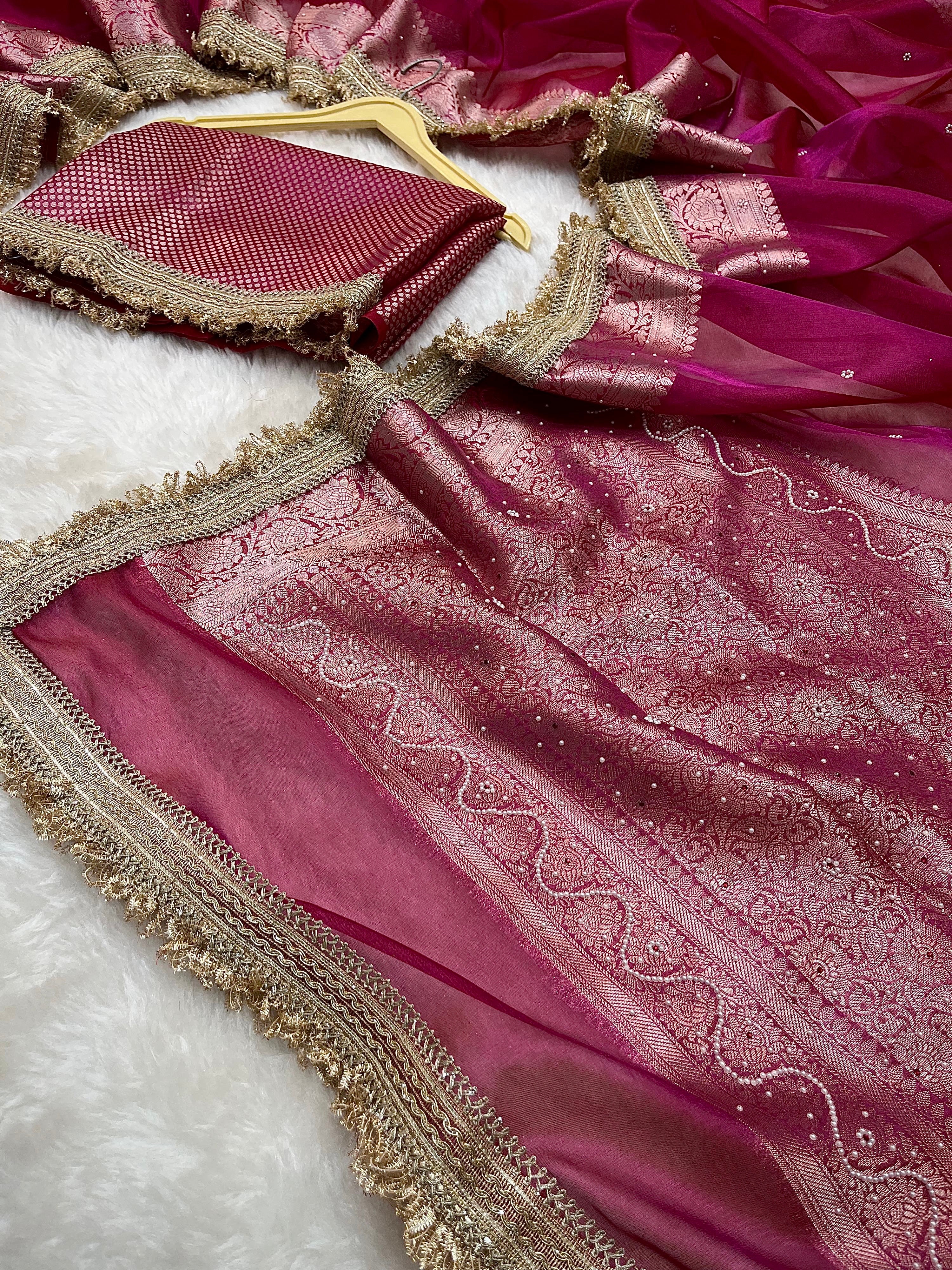 PREMIUM HOT PINK SHADE SOFT TISSUE SILK SAREE DESIGNER HAND STONE WORK WITH LACE ATTACHED
