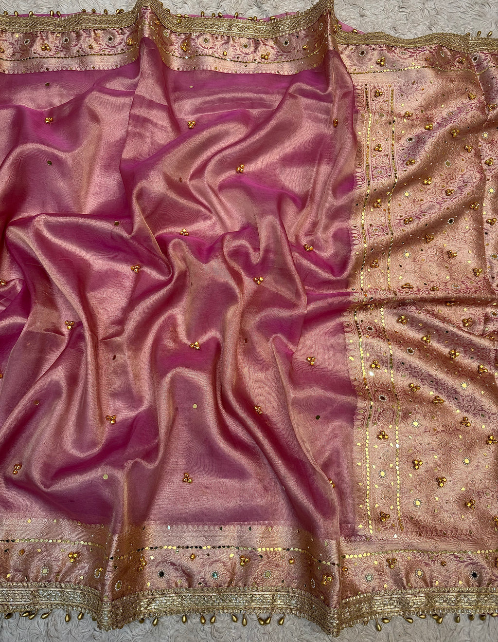 PREMIUM BABY PINK SHADE SOFT BANARASI TISSUE SILK GHUNGROO WORK WITH MIRROR WORK DESIGNER SAREE
