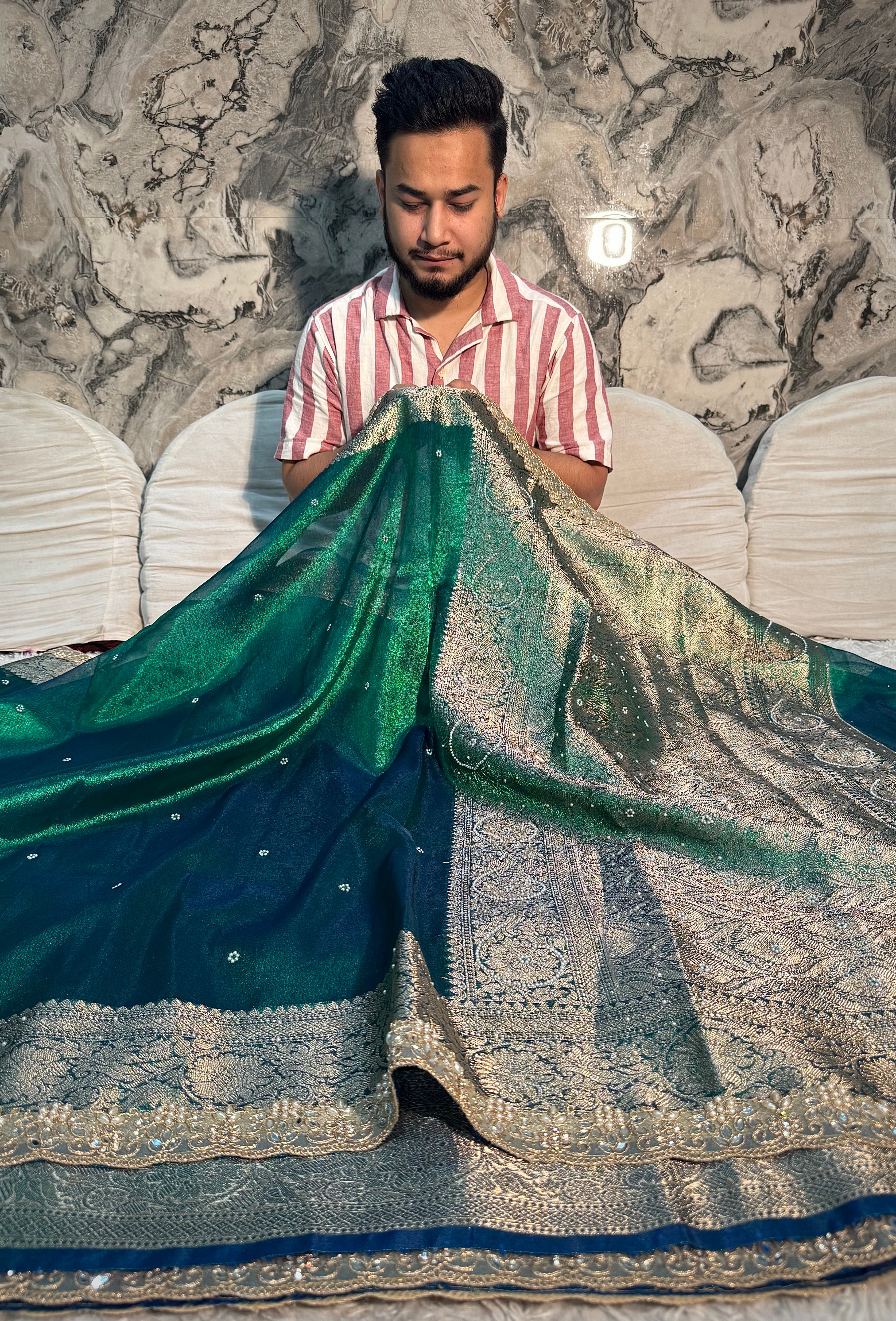 EXCLUSIVE PEACOCK GREEN SHADE SOFT TISSUE SILK SAREE DESIGNER HAND STONE WORK AND LACE ATTACHED