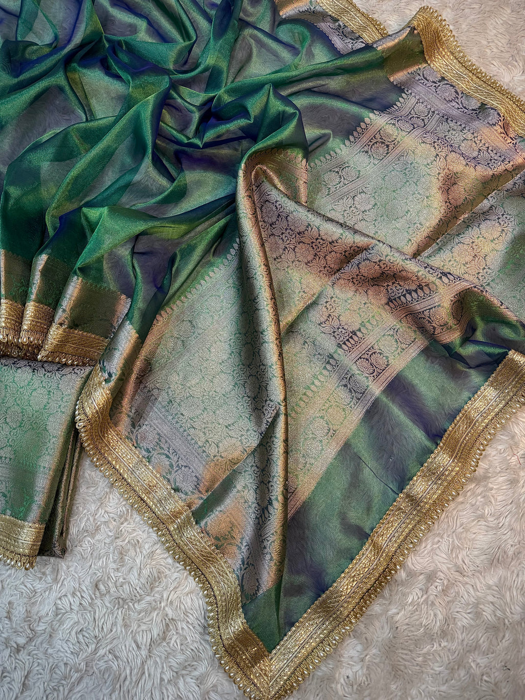 PREMIUM PEACOCK SHADE SOFT TISSUE SILK SAREE WITH LACE ATTACHED