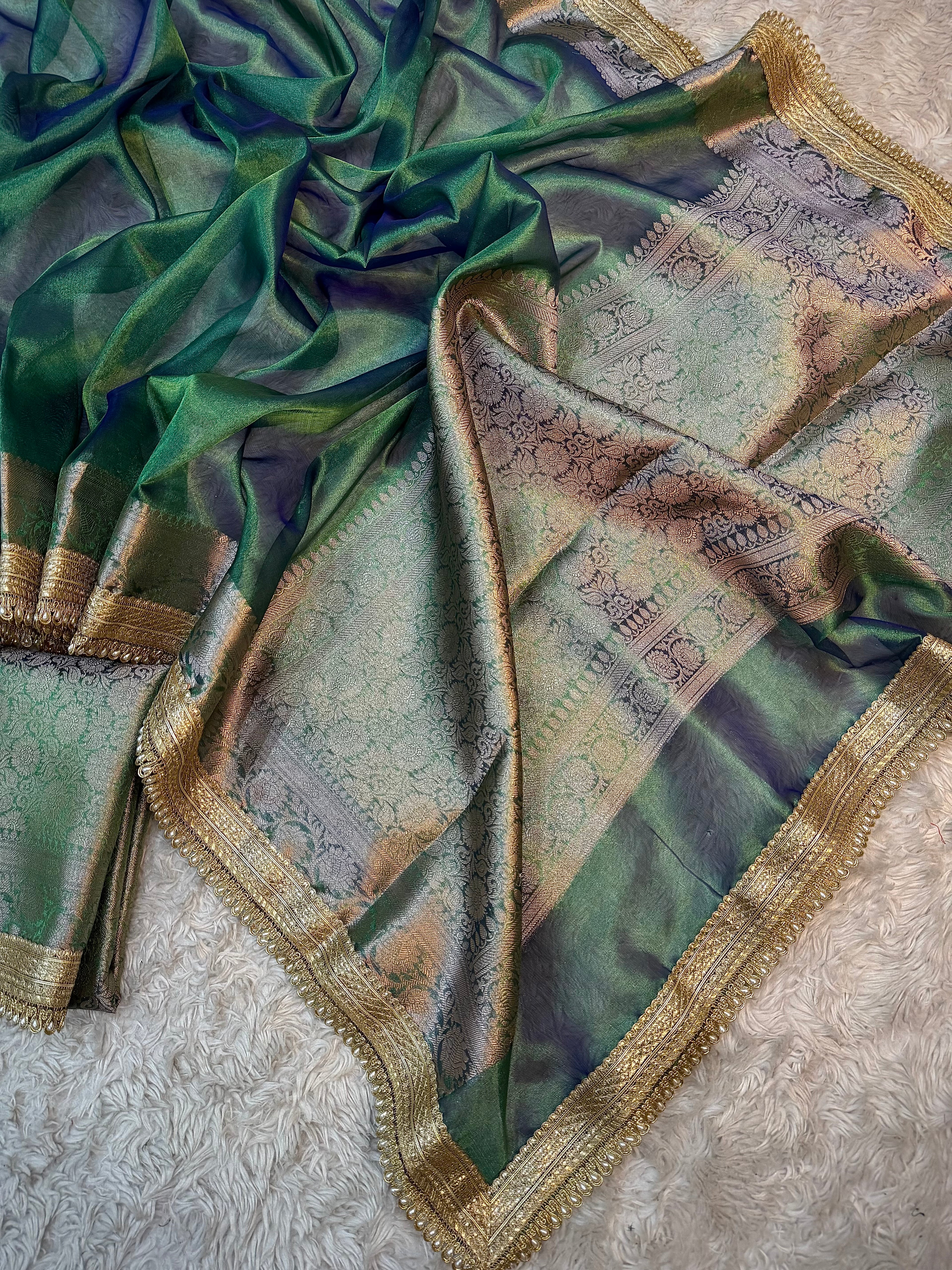 PREMIUM PEACOCK SHADE SOFT TISSUE SILK SAREE WITH LACE ATTACHED