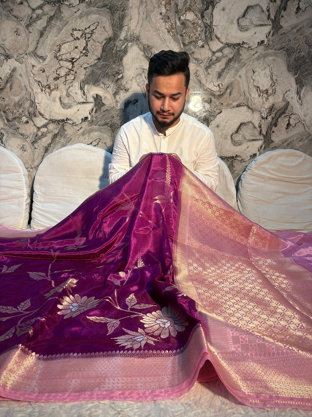 PREMIUM LAVENDER WITH MAUVE PINK BANARASI PAPER SILK SAREE