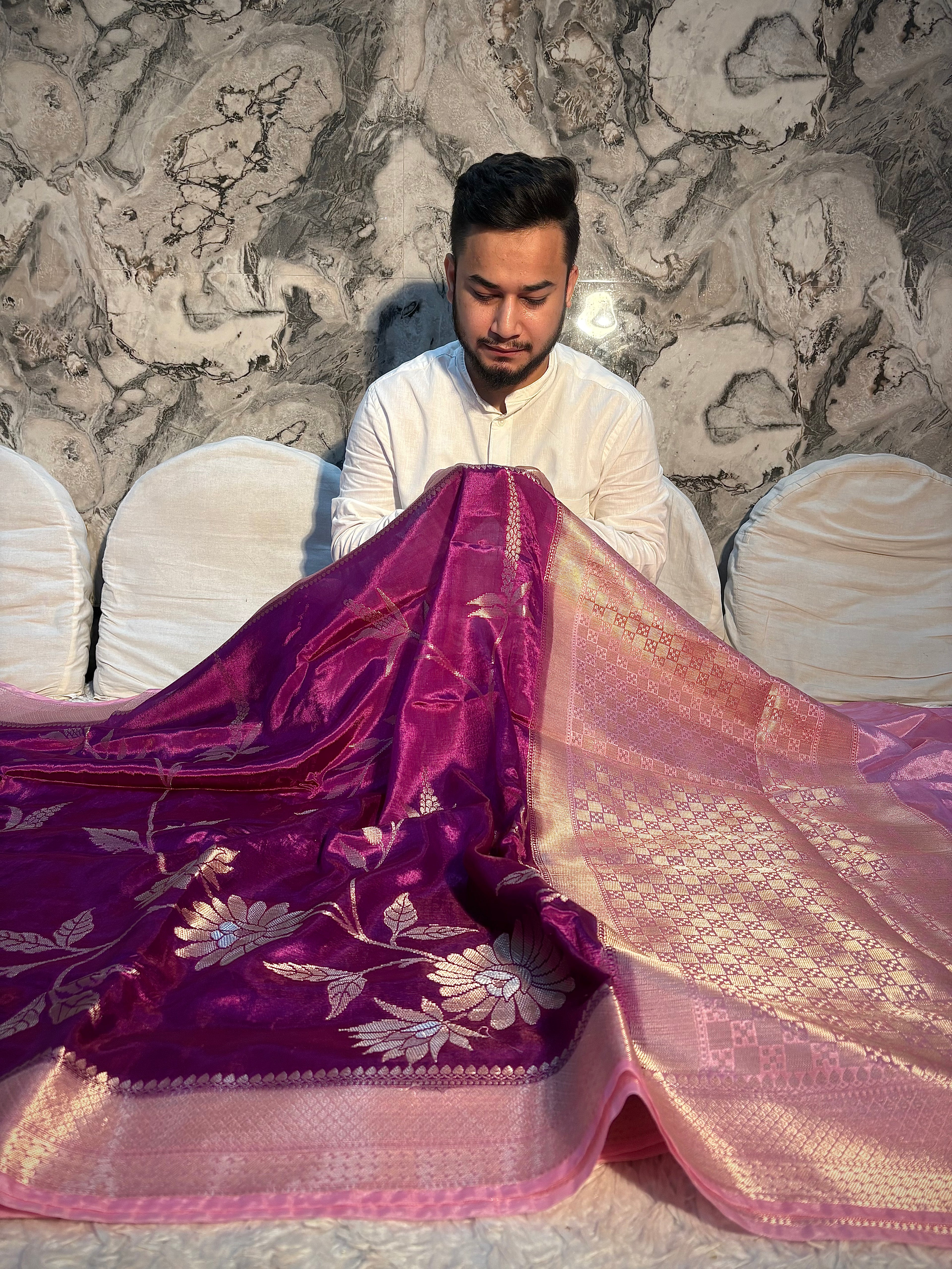 PREMIUM LAVENDER WITH MAUVE PINK BANARASI PAPER SILK SAREE