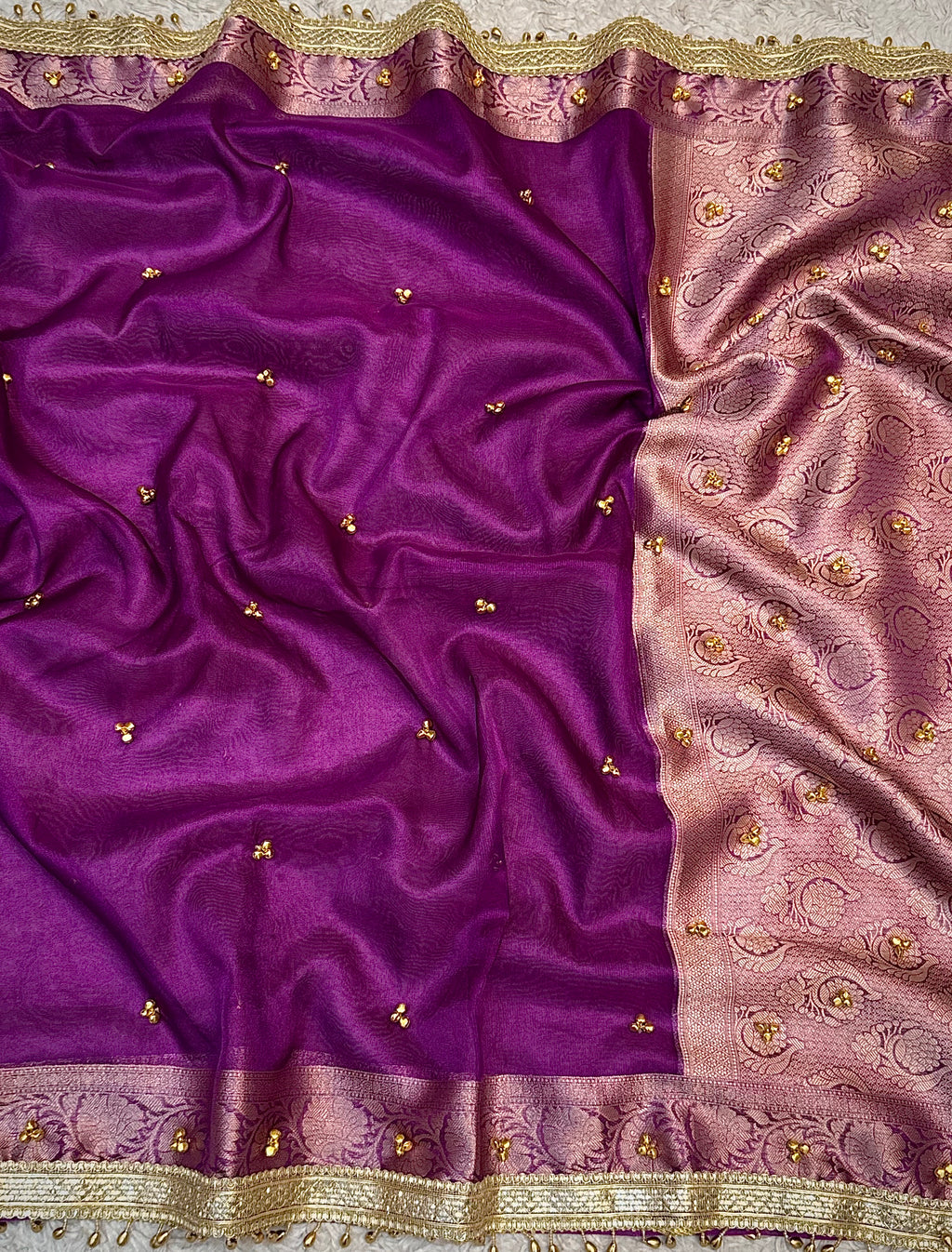 PREMIUM DEEP PURPLE SHADE GHUNGROO WORK SOFT BANARASI TISSUE SILK DESIGNER SAREE