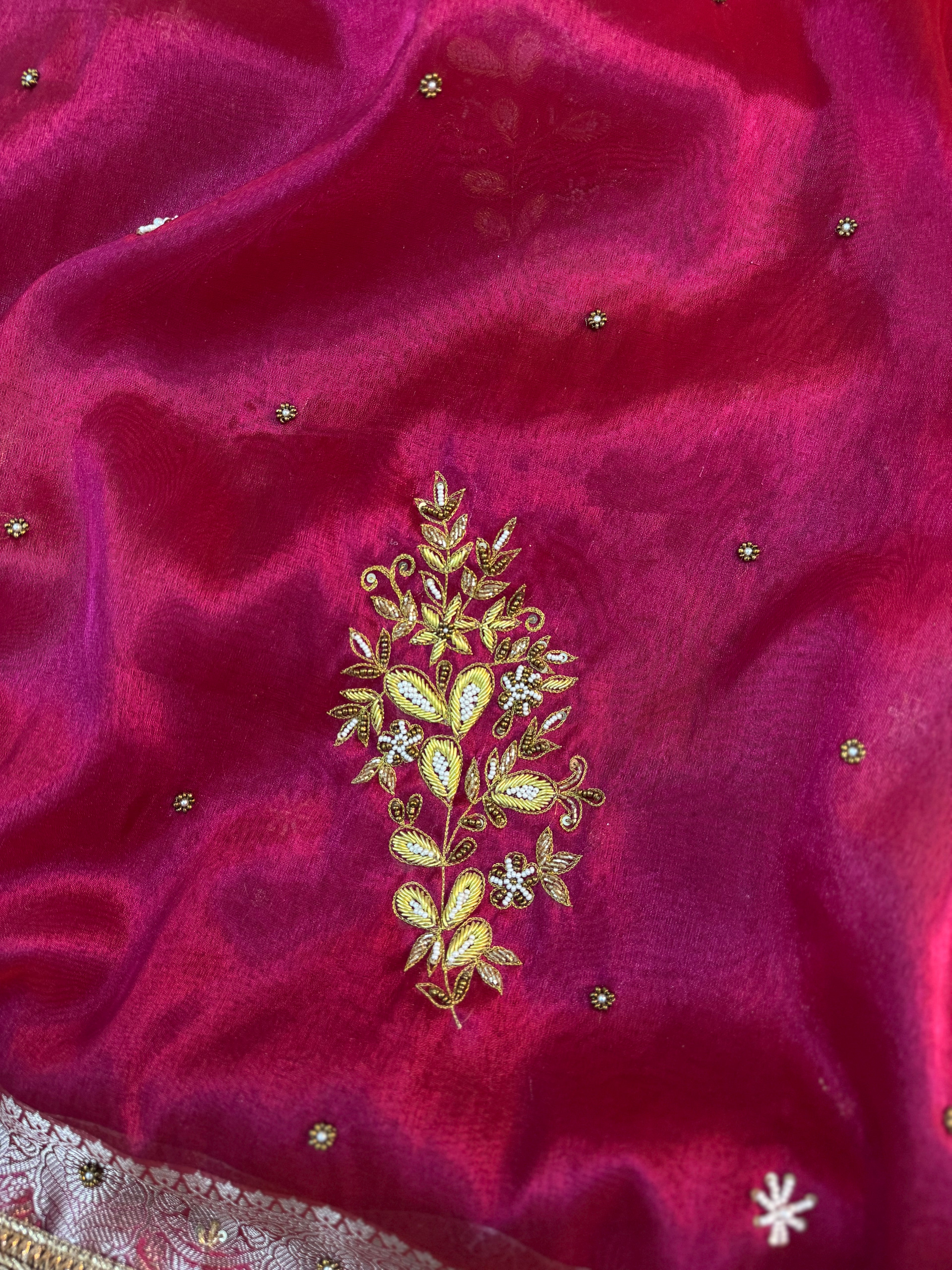 LUXURIOUS RANI SHADE SOFT TISSUE SILK WITH PREMIUM ZARDOZI AND LACE WORK
