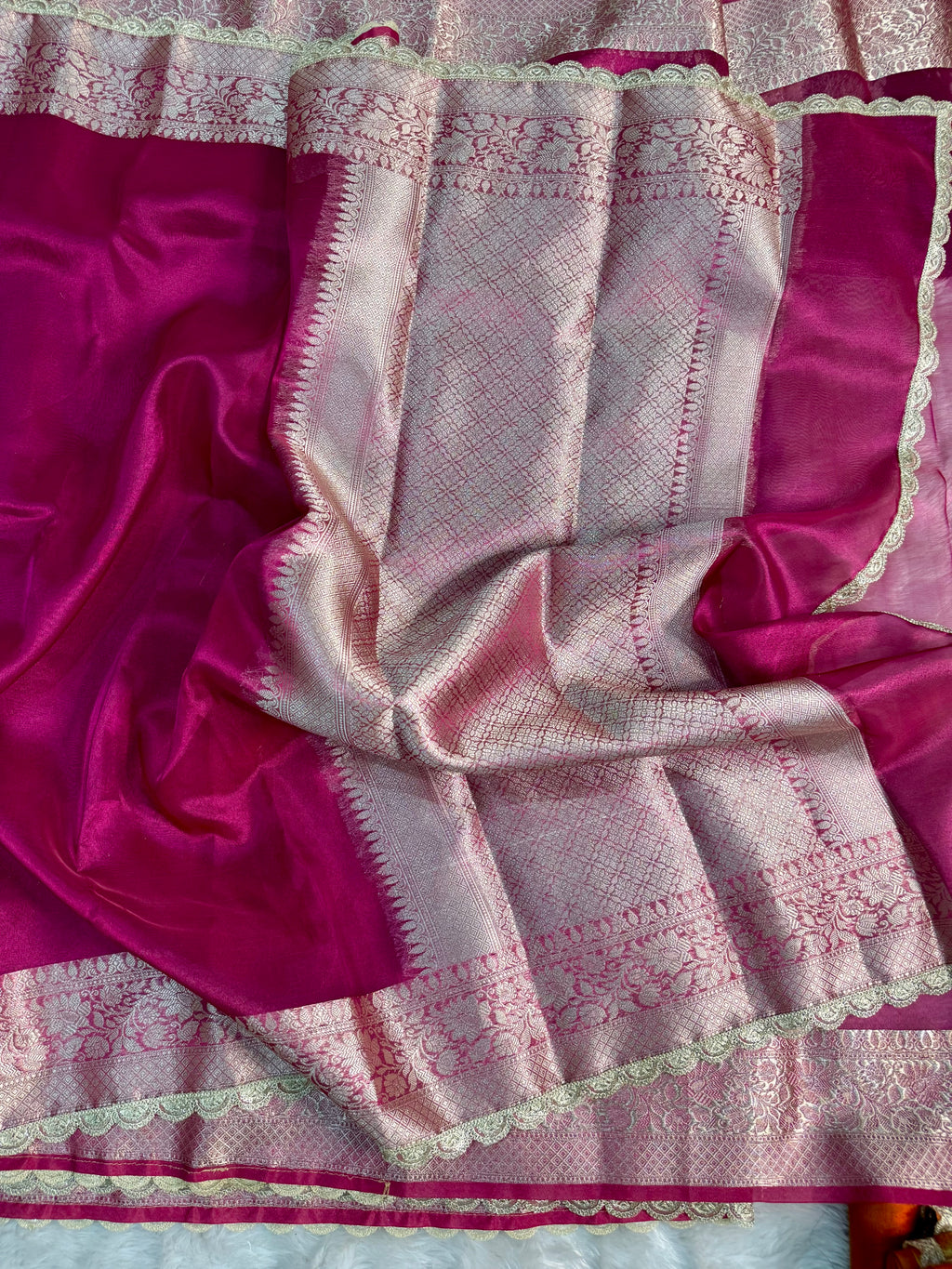 RANI PINK SHADE SOFT TISSUE SILK SAREE WITH LACE ATTACHED