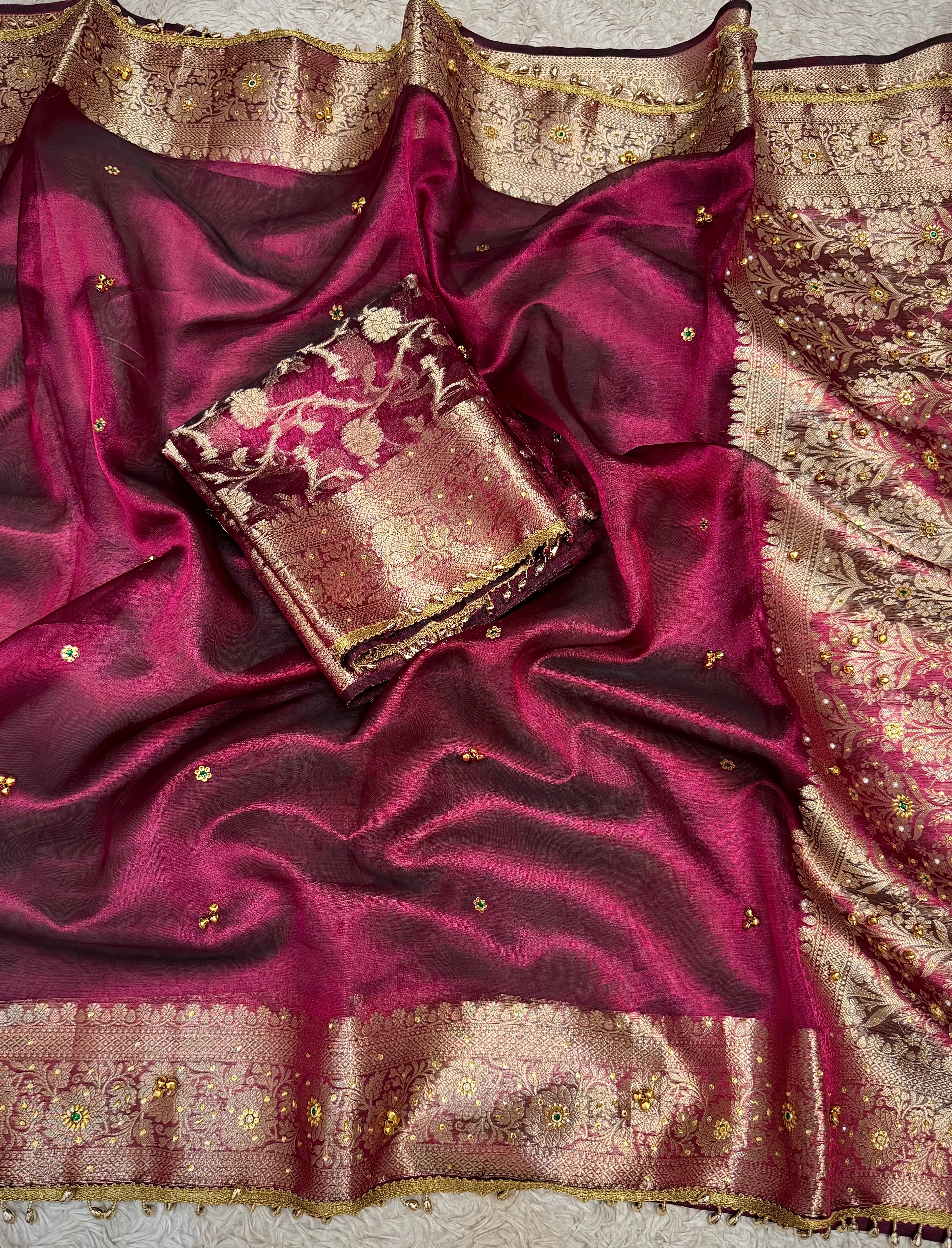 PREMIUM WINE SHADE GHUNGROO WORK SOFT BANARASI TISSUE SILK DESIGNER SAREE