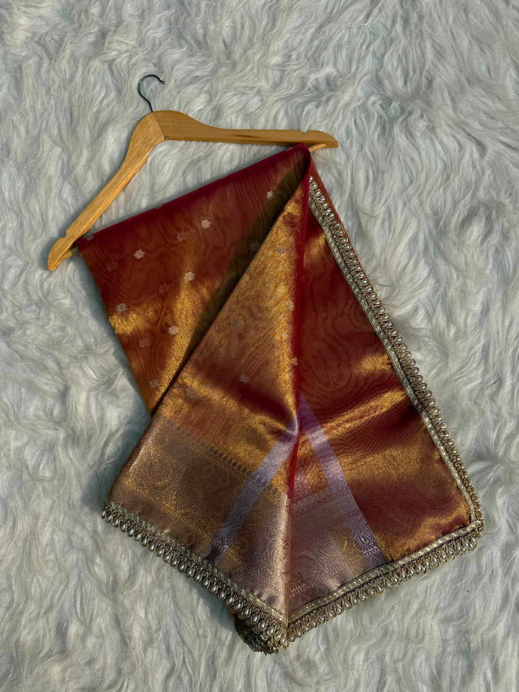 PREMIUM RUST SHADE DESIGNER TISSUE SILK BOOTI SAREE WITH LACE ATTACHED