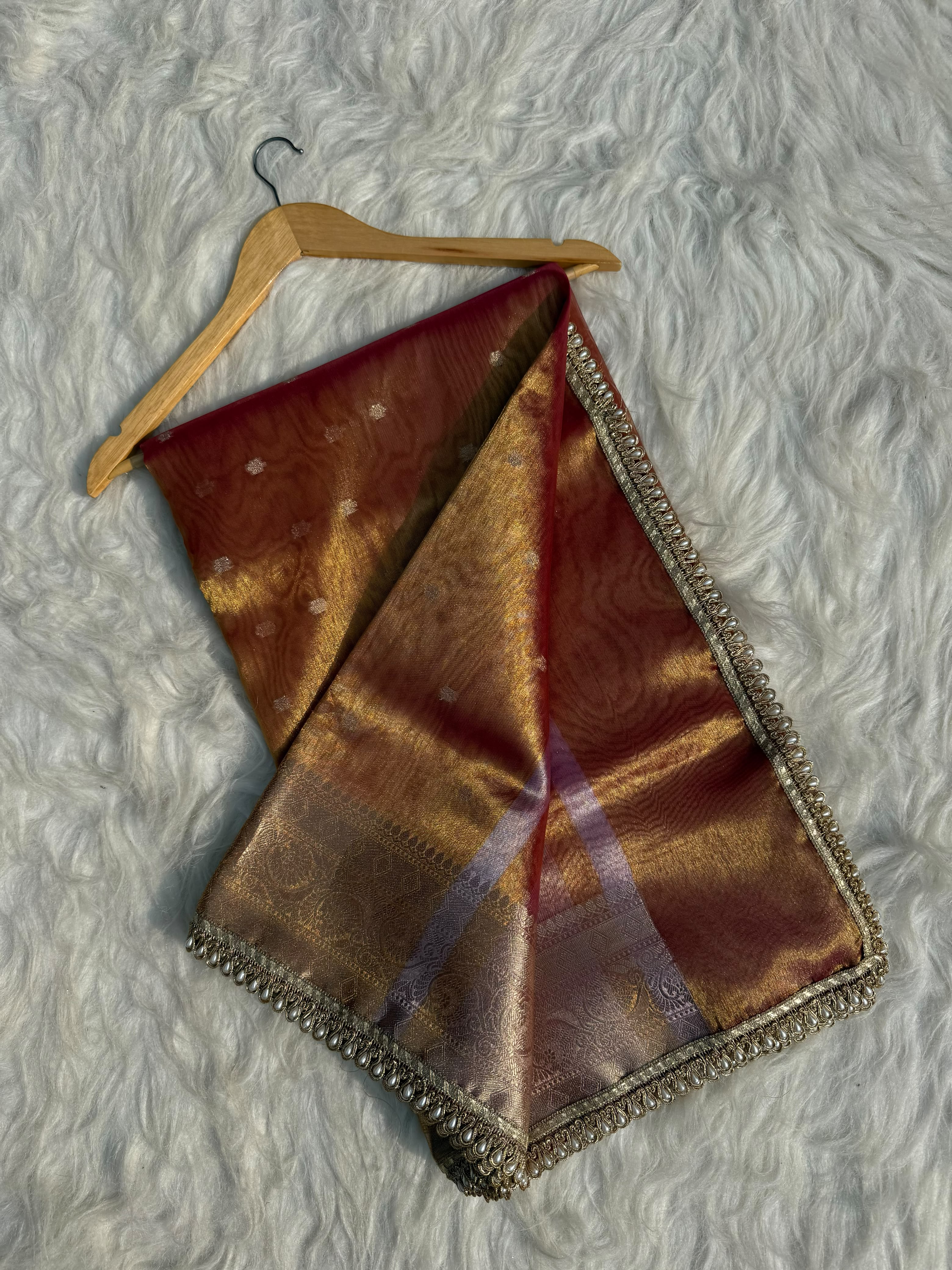 PREMIUM RUST SHADE DESIGNER TISSUE SILK BOOTI SAREE WITH LACE ATTACHED