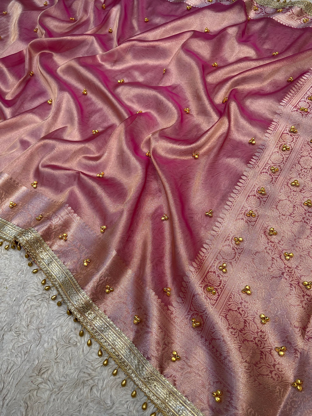 PREMIUM BABY PINK SHADE GHUNGROO WORK SOFT BANARASI TISSUE SILK DESIGNER SAREE