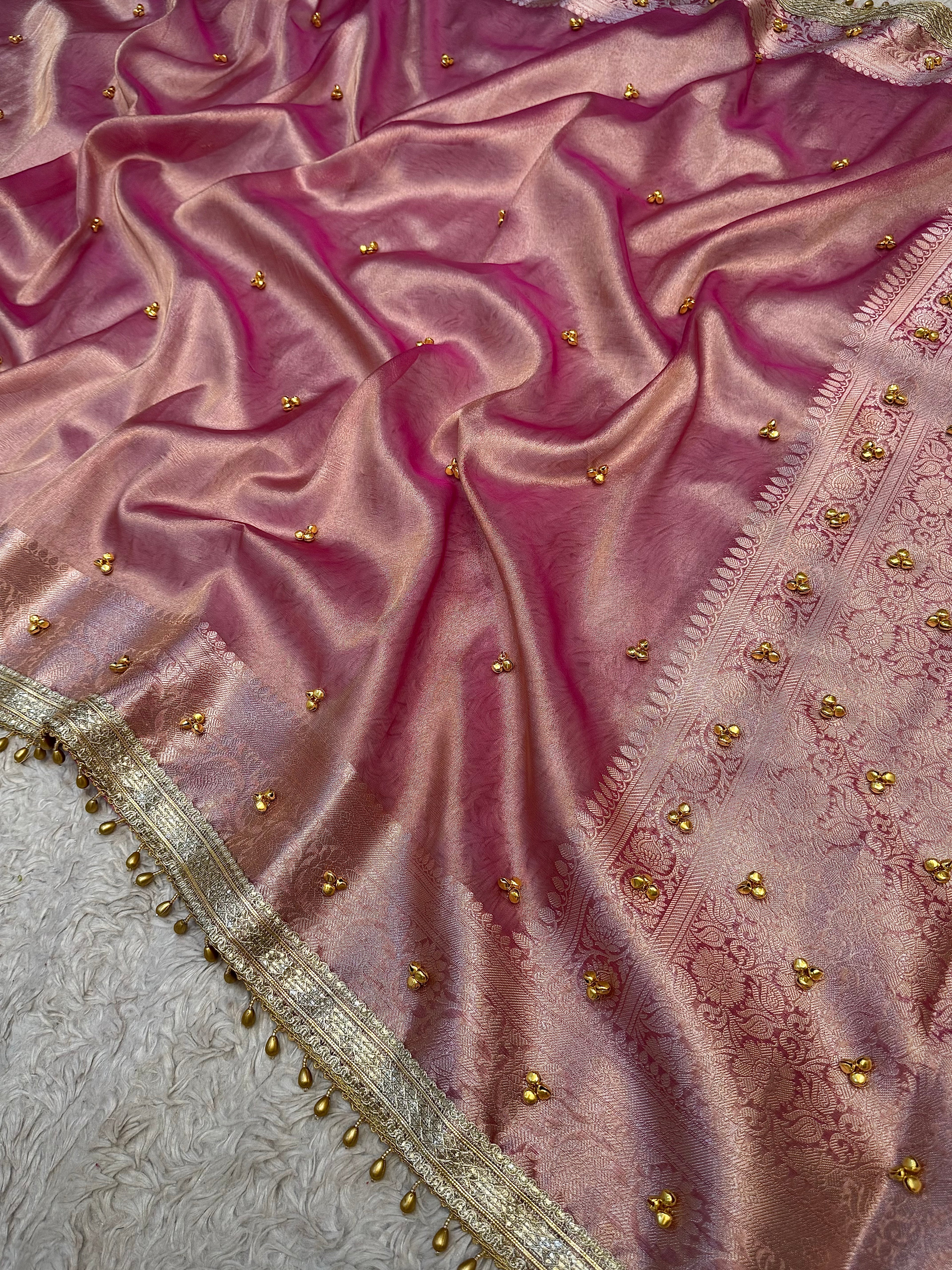 PREMIUM BABY PINK SHADE GHUNGROO WORK SOFT BANARASI TISSUE SILK DESIGNER SAREE