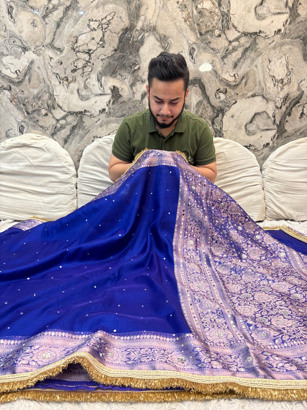 EXCLUSIVE ROYAL BLUE SHADE SOFT TISSUE SILK MIRROR WORK DESIGNER SAREE