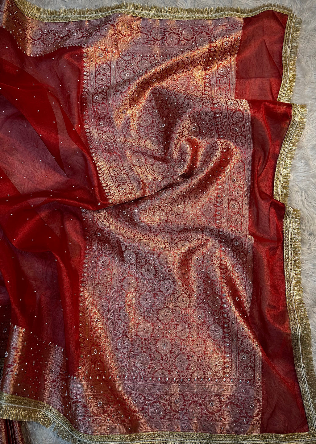PREMIUM BRIDAL RED SOFT TISSUE SILK STONE WORK DESIGNER SAREE