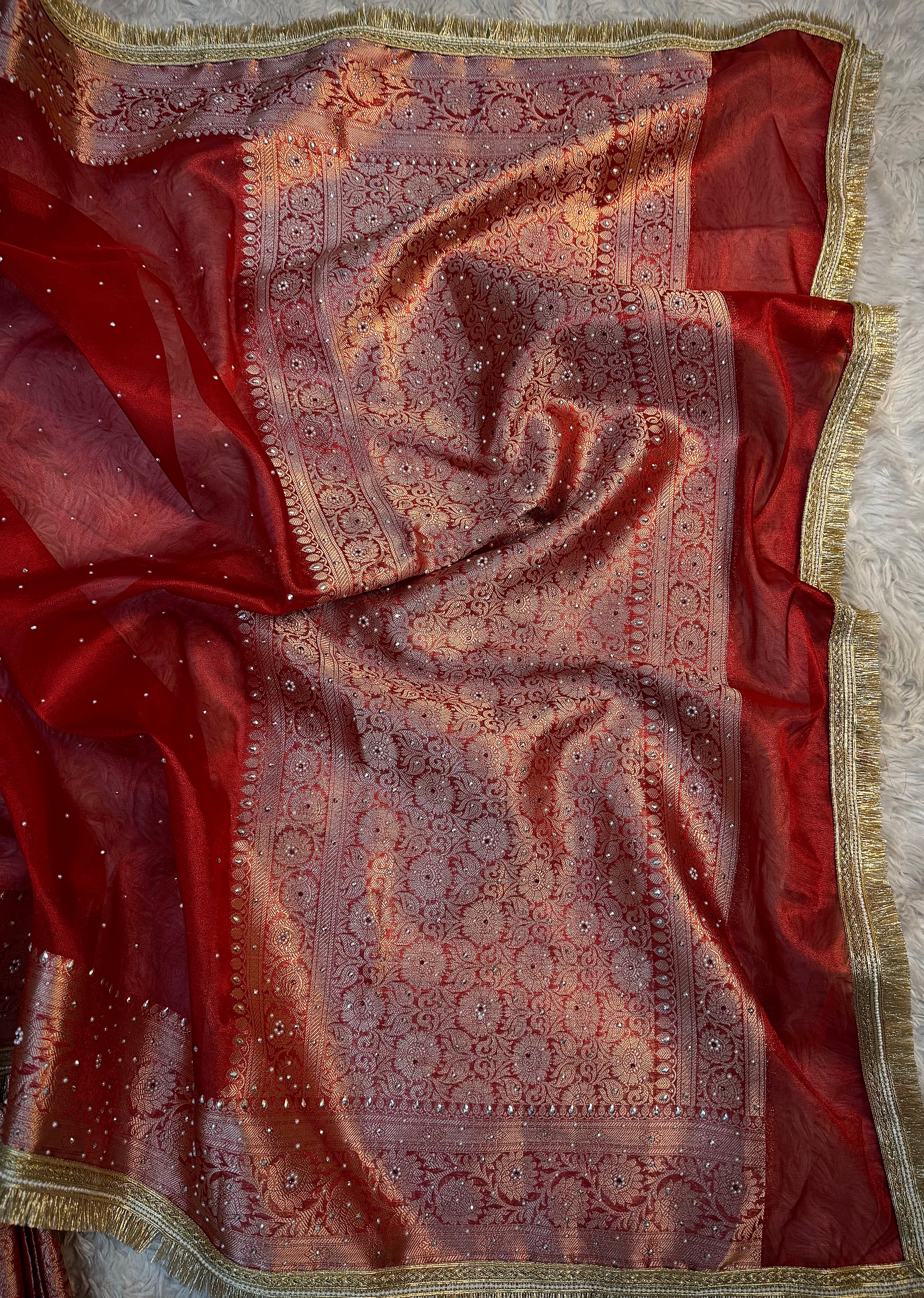 PREMIUM BRIDAL RED SOFT TISSUE SILK STONE WORK DESIGNER SAREE