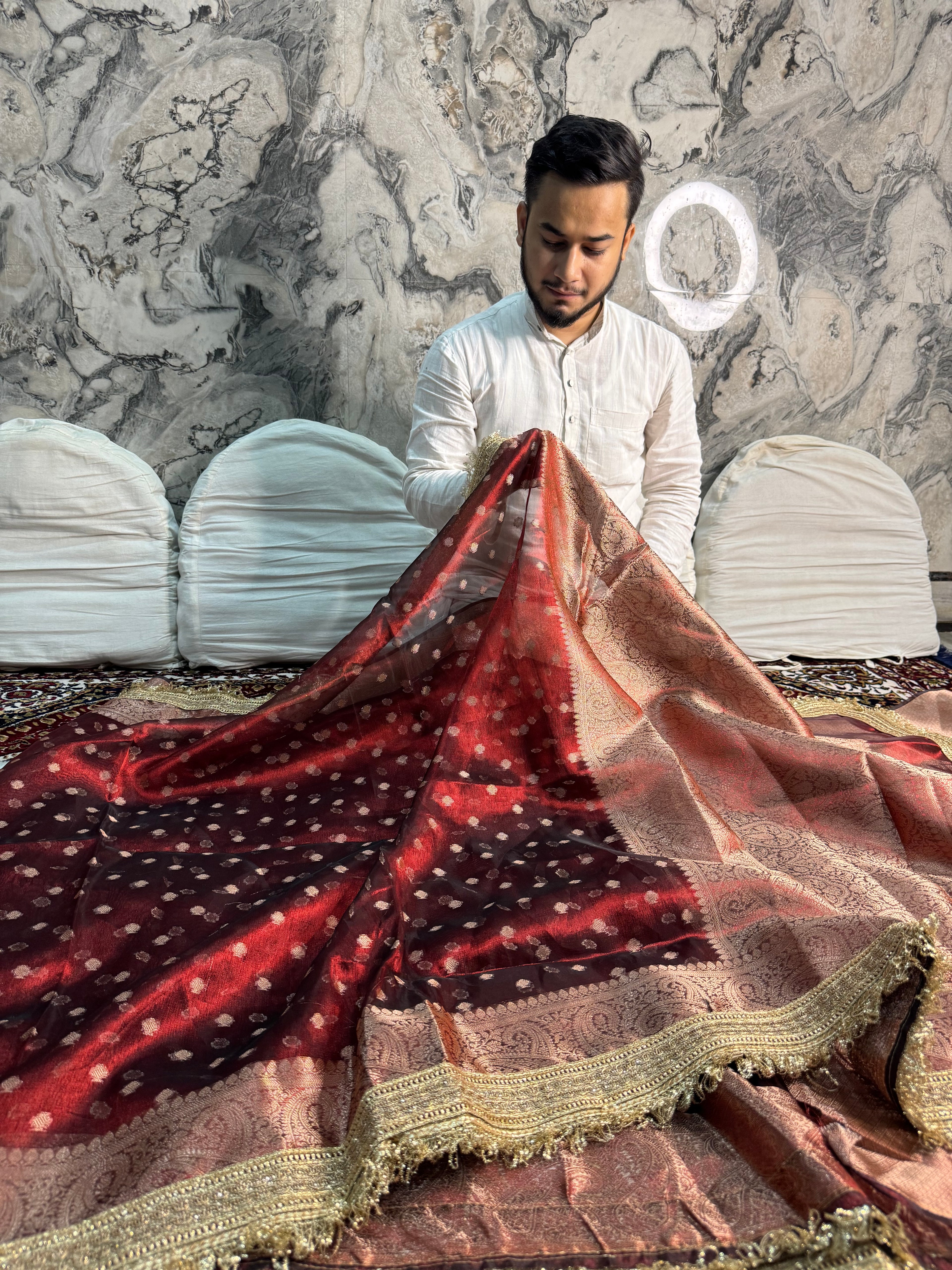 BLOOD RED SHADE SOFT TISSUE SILK SAREE WITH LACE ATTACHED