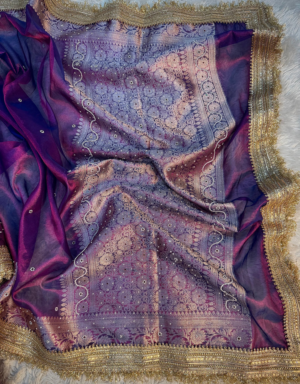 LUXURIOUS BAIGANI DUAL SHADE SOFT TISSUE SILK SAREE HAND STONE WORK WITH LACE ATTACHED