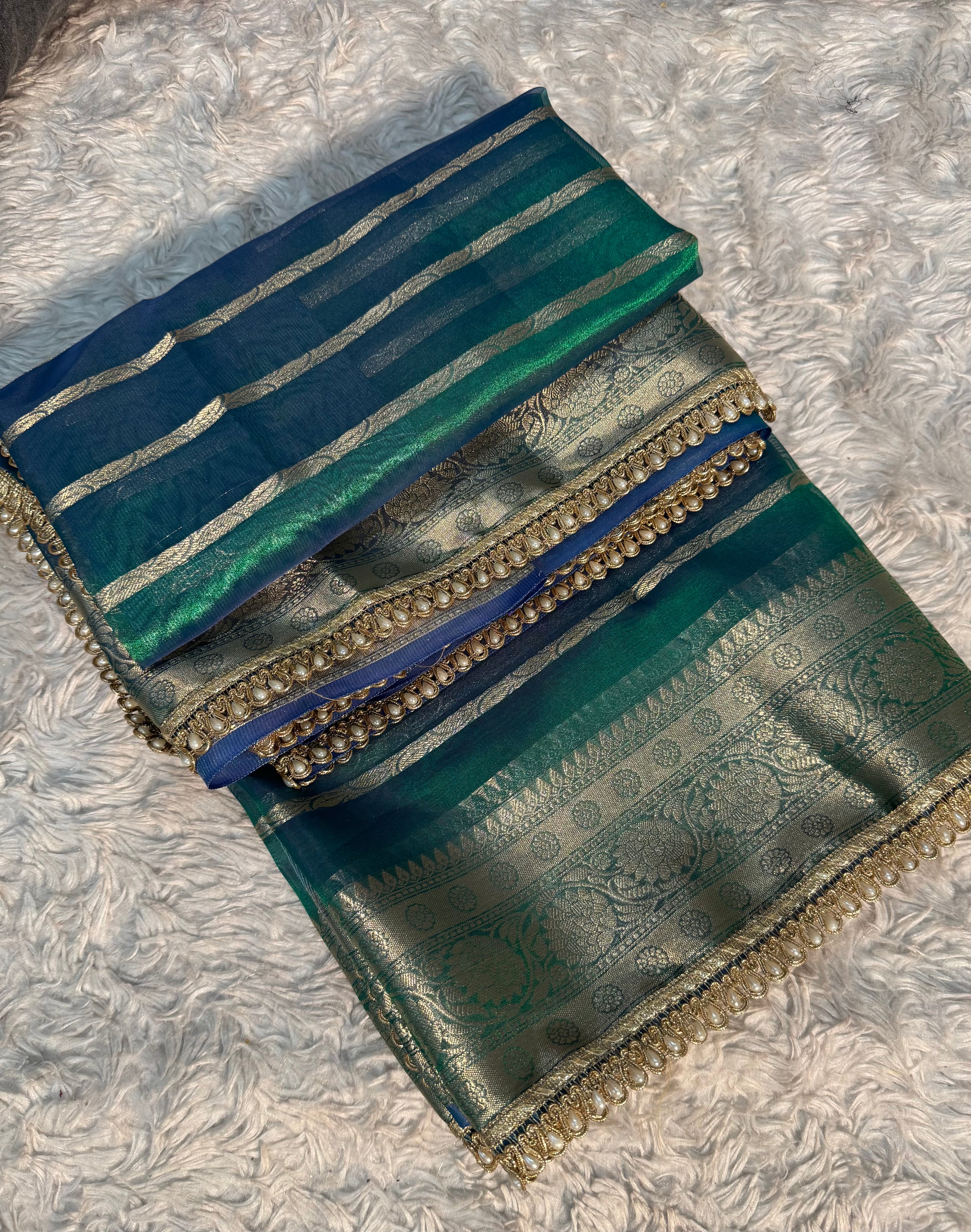 RARE PEACOCK SHADE SOFT TISSUE SILK DESIGNER SAREE