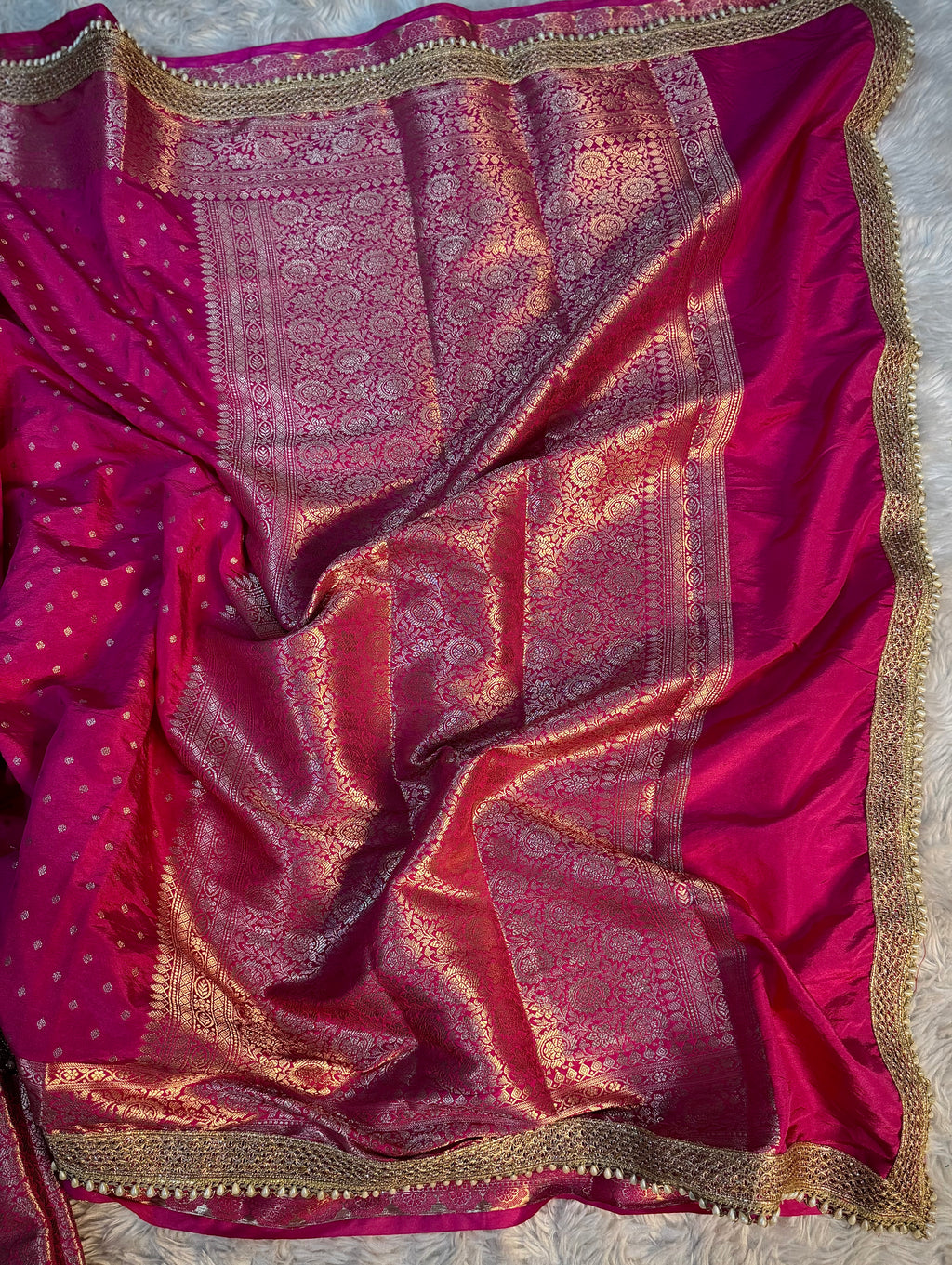 PREMIUM RANI SHADE GEORGETTE KATAN SILK SAREE WITH MOTI LACE ATTACHED