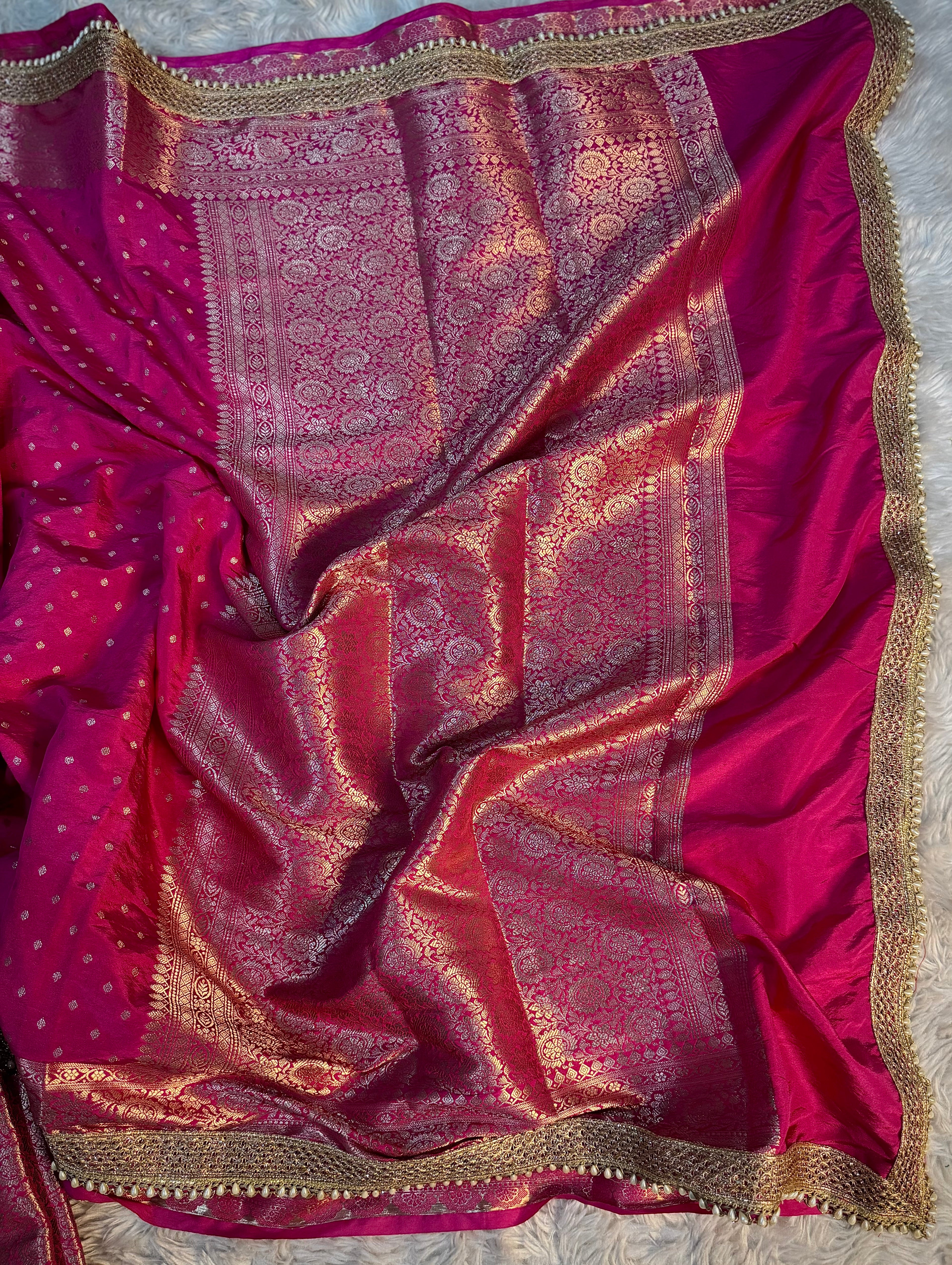 PREMIUM RANI SHADE GEORGETTE KATAN SILK SAREE WITH MOTI LACE ATTACHED