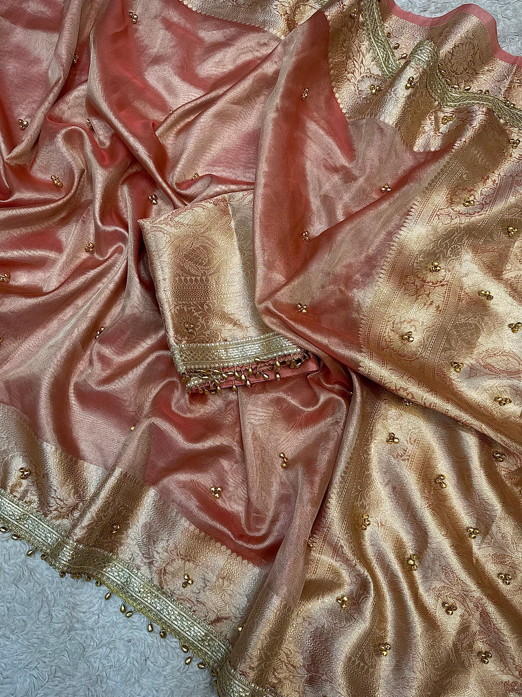 PREMIUM PEACH SHADE GHUNGROO WORK SOFT BANARASI TISSUE SILK DESIGNER SAREE