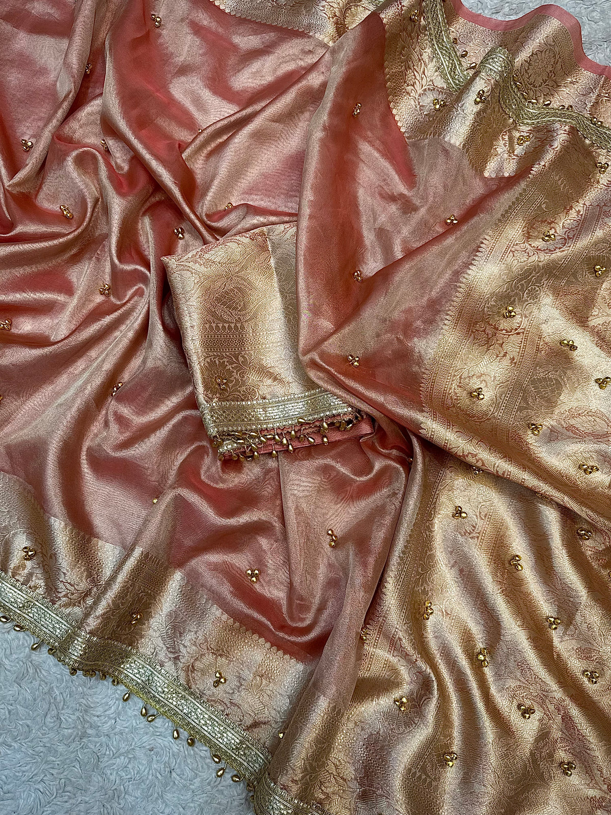 PREMIUM PEACH SHADE GHUNGROO WORK SOFT BANARASI TISSUE SILK DESIGNER SAREE