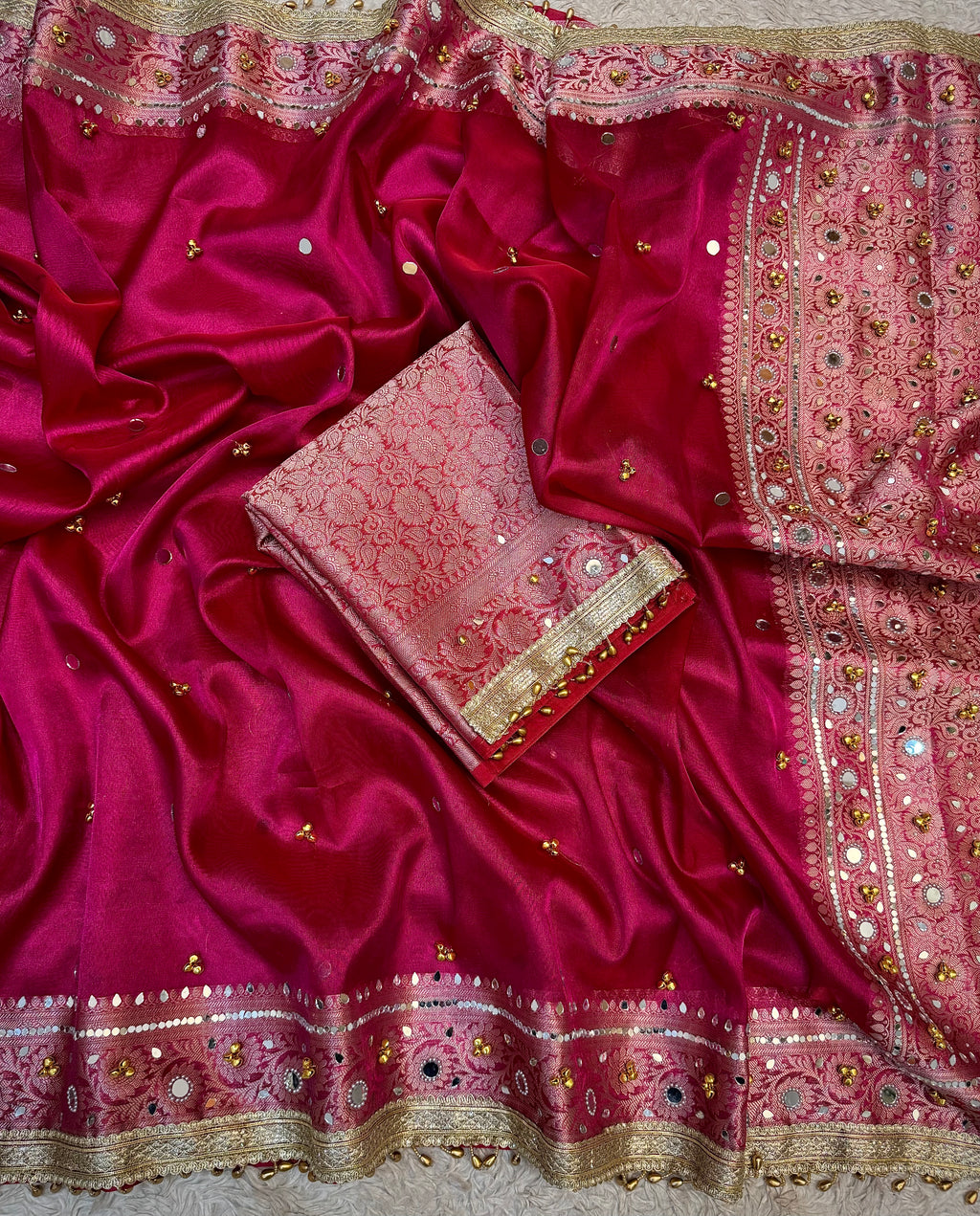 PREMIUM HOT RANI SHADE SOFT BANARASI TISSUE SILK GHUNGROO WORK WITH MIRROR WORK DESIGNER SAREE