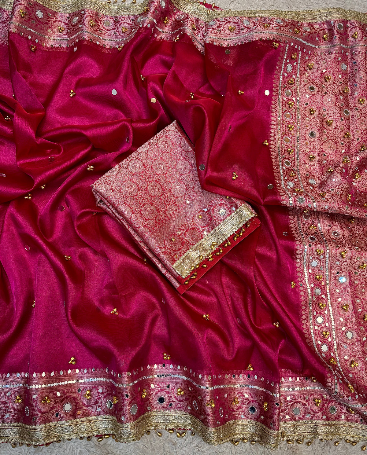 PREMIUM HOT RANI SHADE SOFT BANARASI TISSUE SILK GHUNGROO WORK WITH MIRROR WORK DESIGNER SAREE