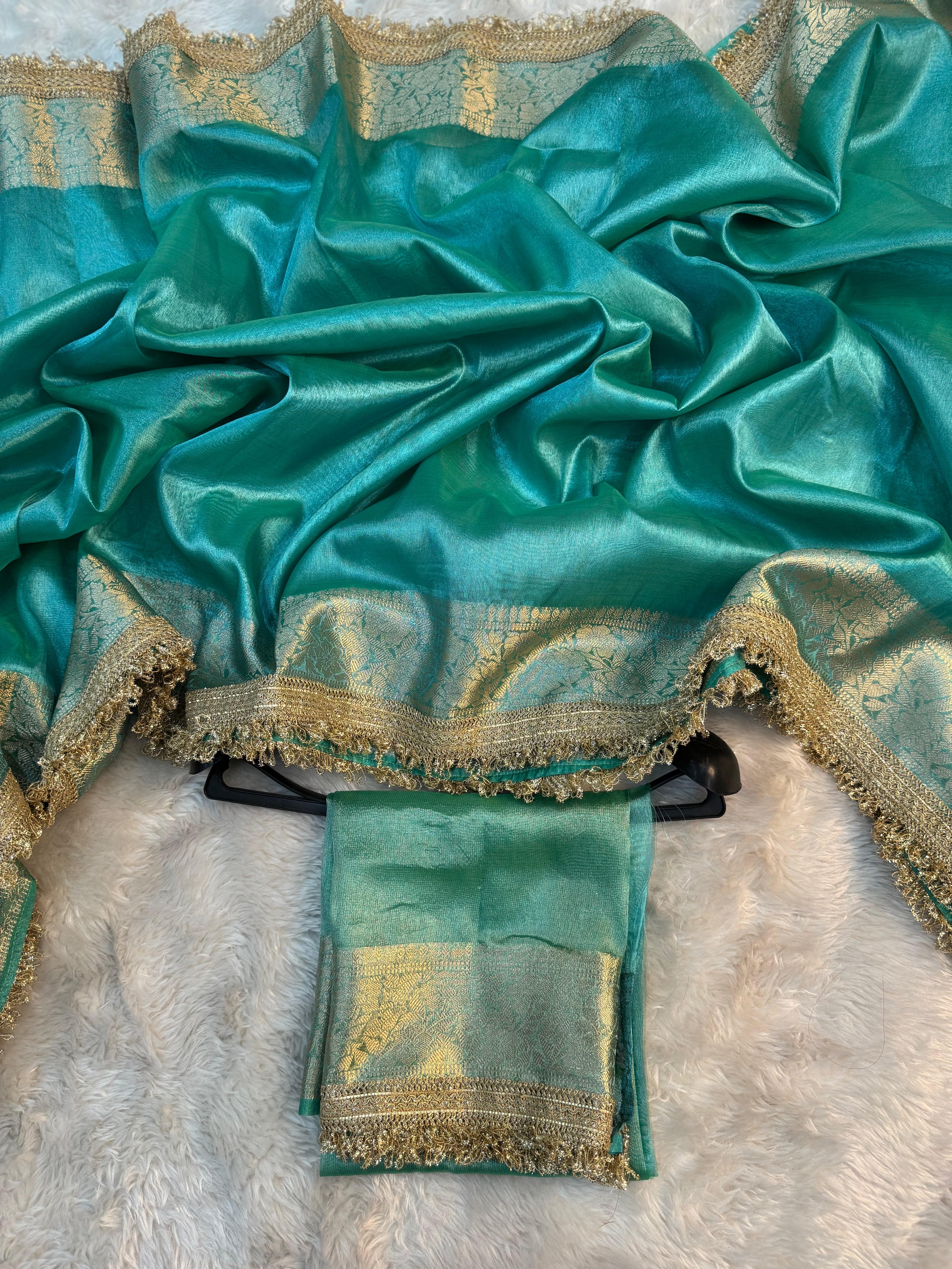 PREMIUM SEA GREEN SHADE SOFT TISSUE SILK SAREE WITH LACE ATTACHED