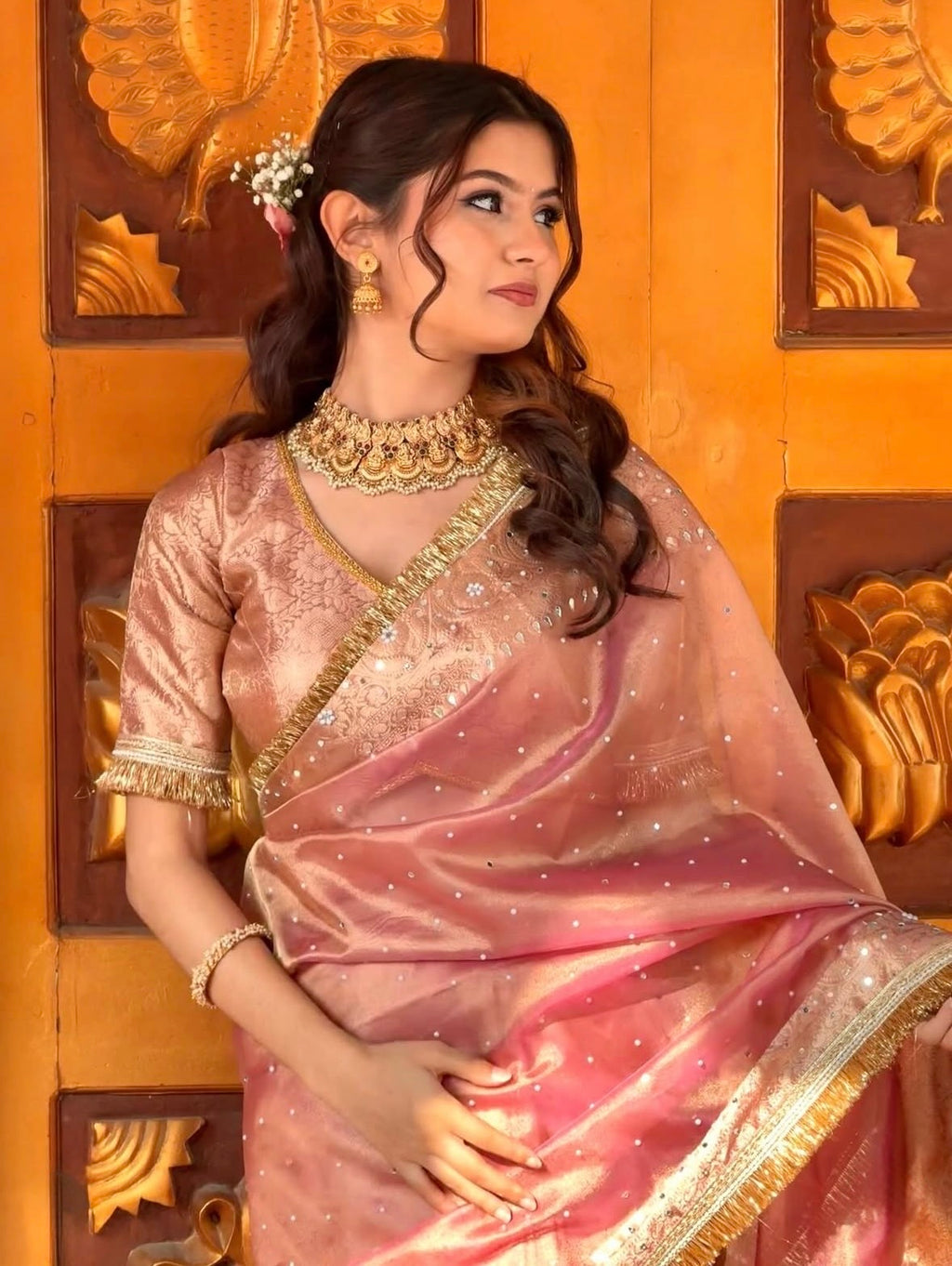EXCLUSIVE ROSE PINK SHADE SOFT TISSUE SILK SAREE DESIGNER HEAVY HAND STONE WORK WITH LACE ATTACHED